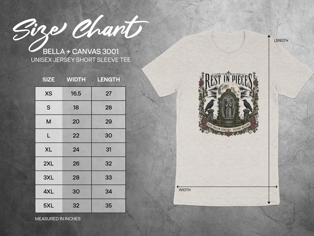 Bella + Canvas 3001 unisex tee size chart with measurements in inches.