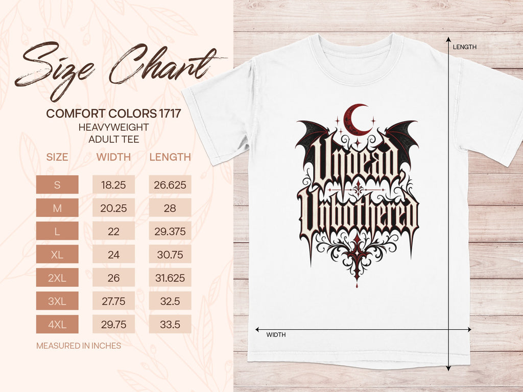 Size chart and graphic for Comfort Colors 1717 heavyweight adult tee, measured in inches.