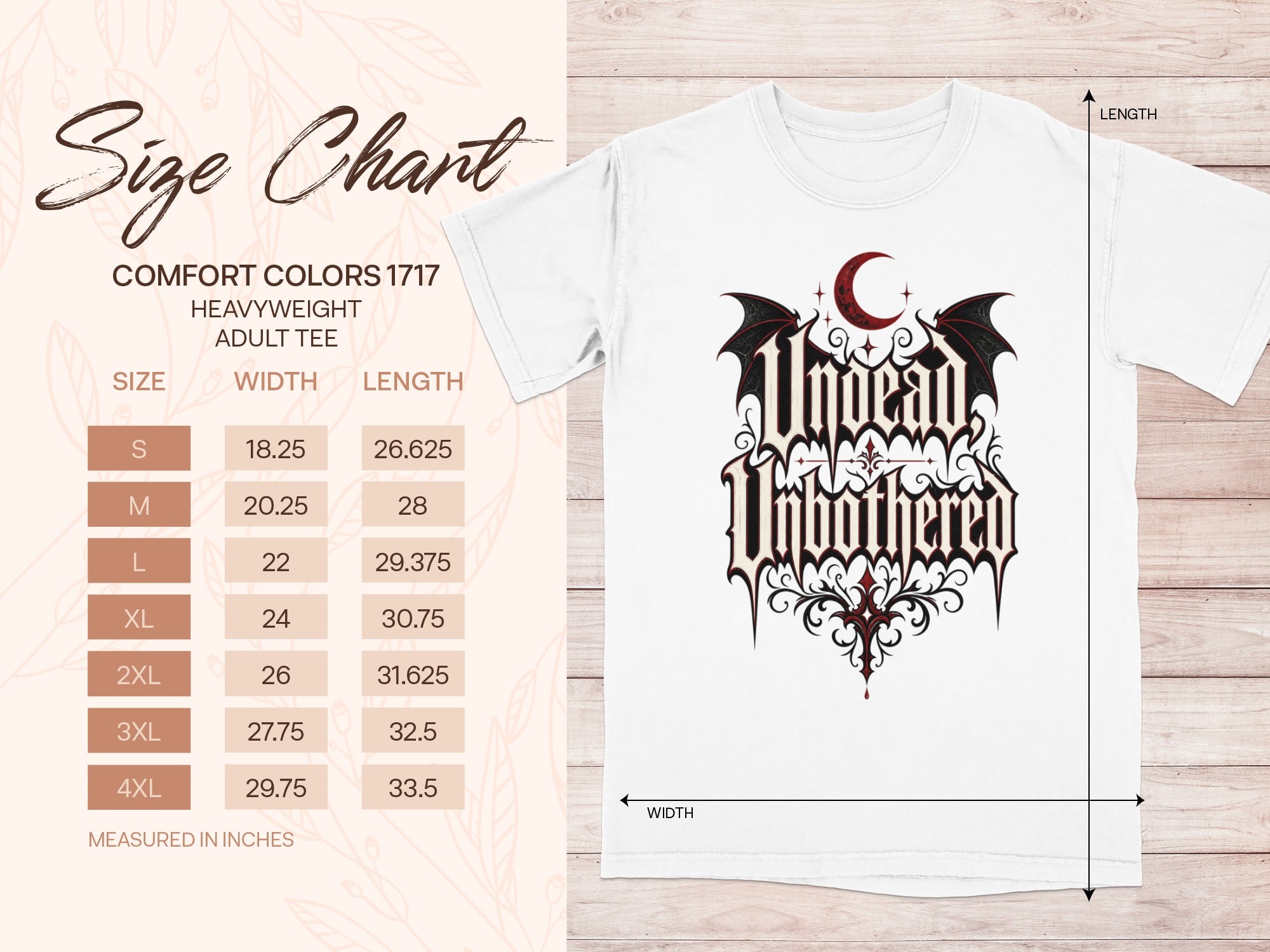 Size chart and graphic for Comfort Colors 1717 heavyweight adult tee, measured in inches.
