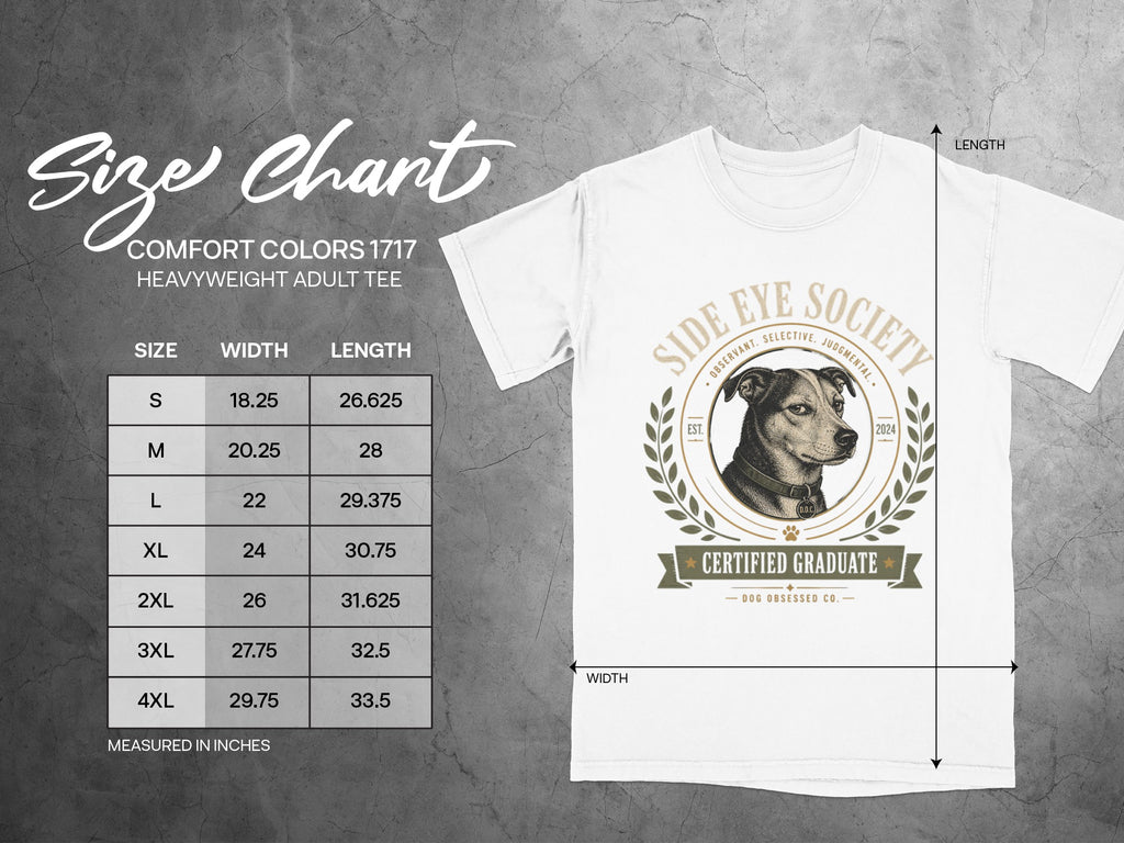 Size chart for a heavyweight adult tee with width and length measurements for sizes S through 4XL.