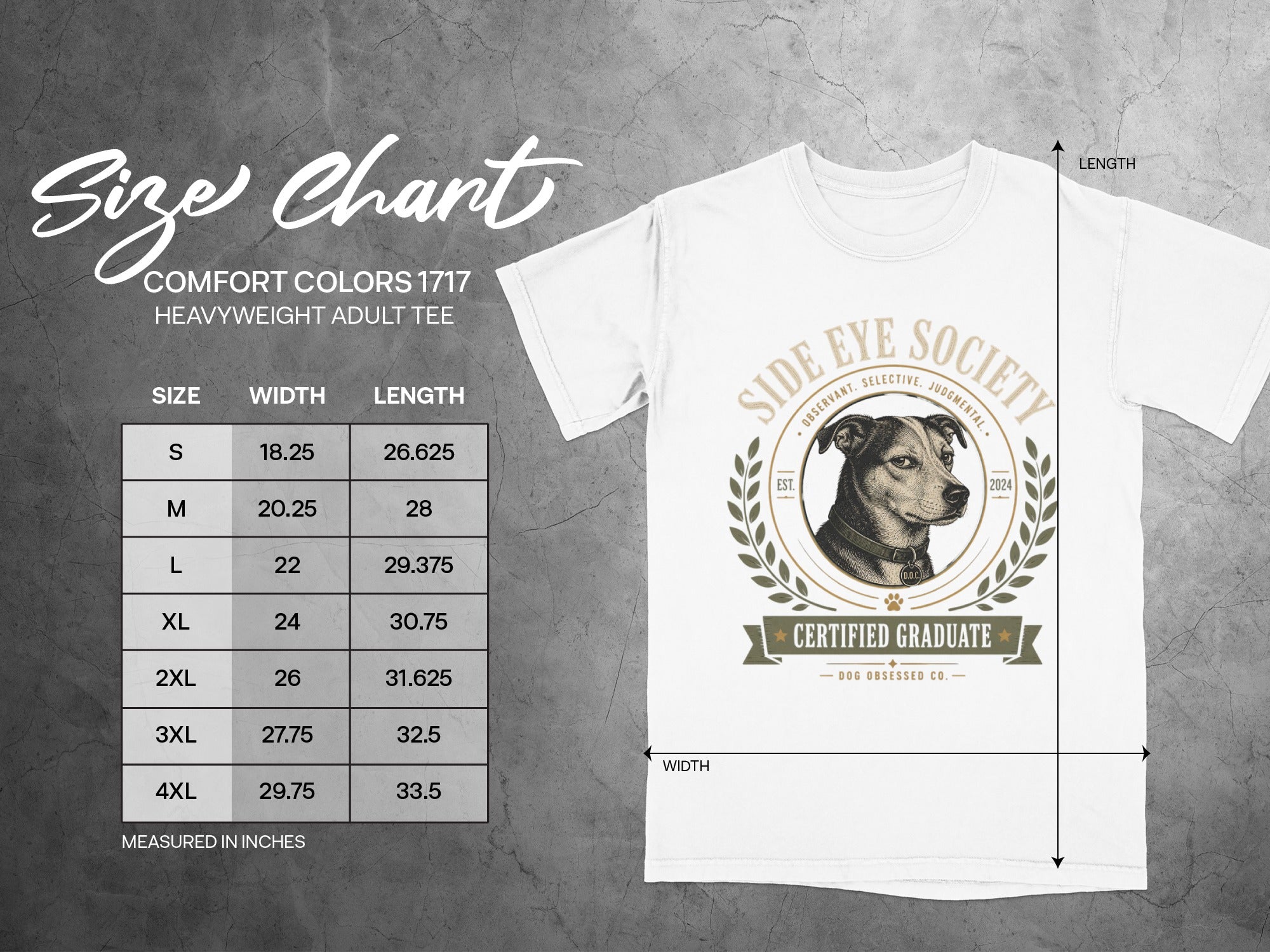 Size chart for a heavyweight adult tee with width and length measurements for sizes S through 4XL.