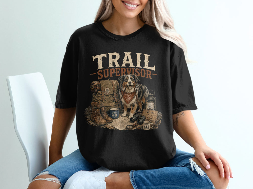Black t-shirt with "Trail Supervisor" text and a dog wearing a bandana with hiking gear.