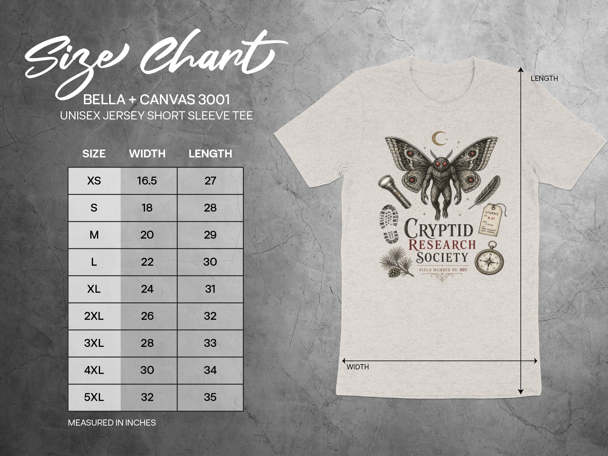 Size chart for Bella + Canvas 3001 unisex tee with cryptid illustration.