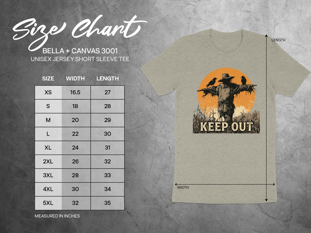Bella + Canvas 3001 size chart for unisex tee showing width and length in inches.