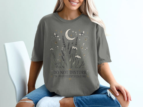 Gray t-shirt with celestial garden design and text "Do Not Disturb, I'm Photosynthesizing."