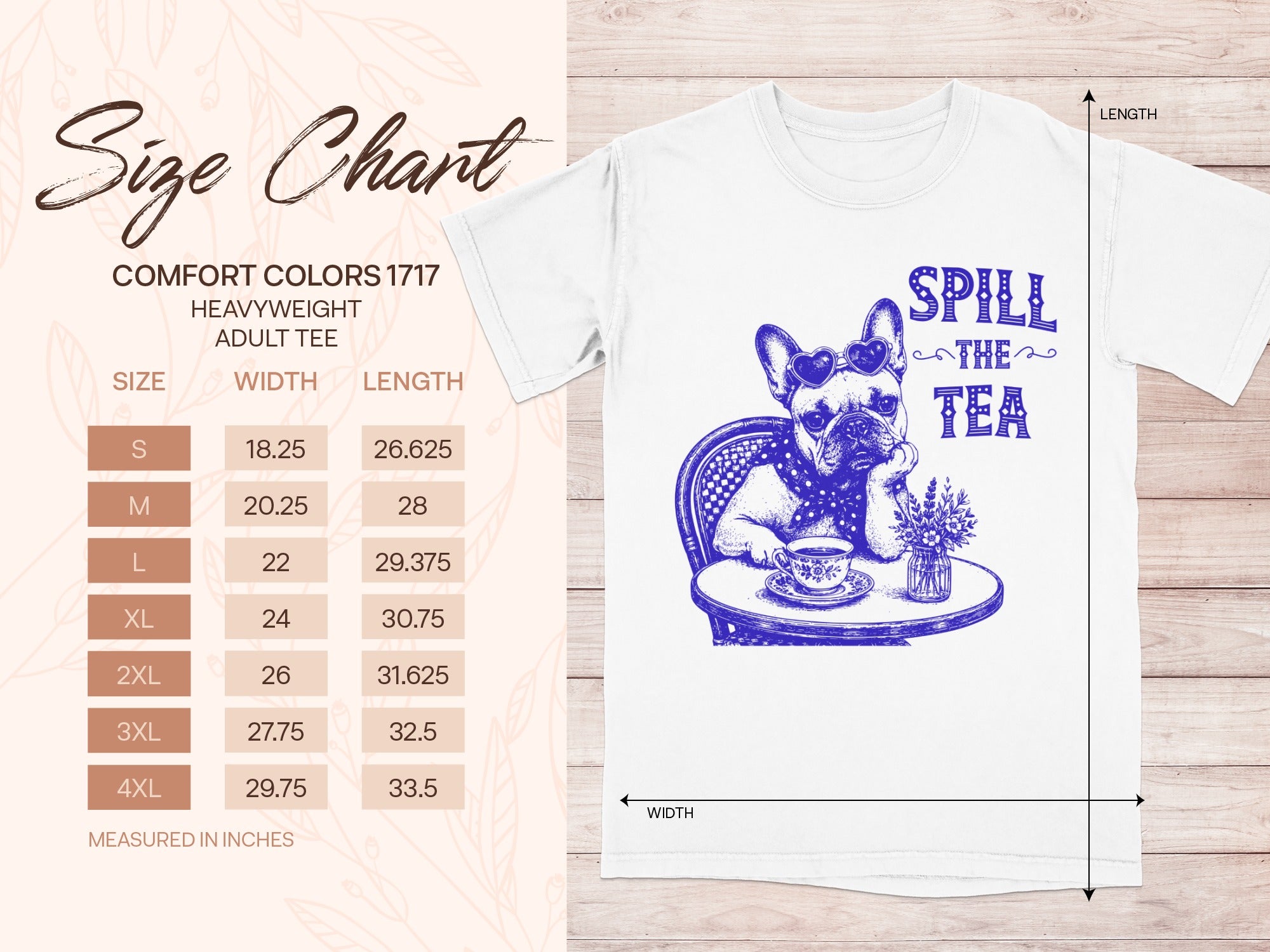 French bulldog with heart sunglasses and tea, size chart for adult tee.