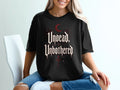 Black t-shirt with "Undead, Unbothered" text, crescent moon, and bat wings.