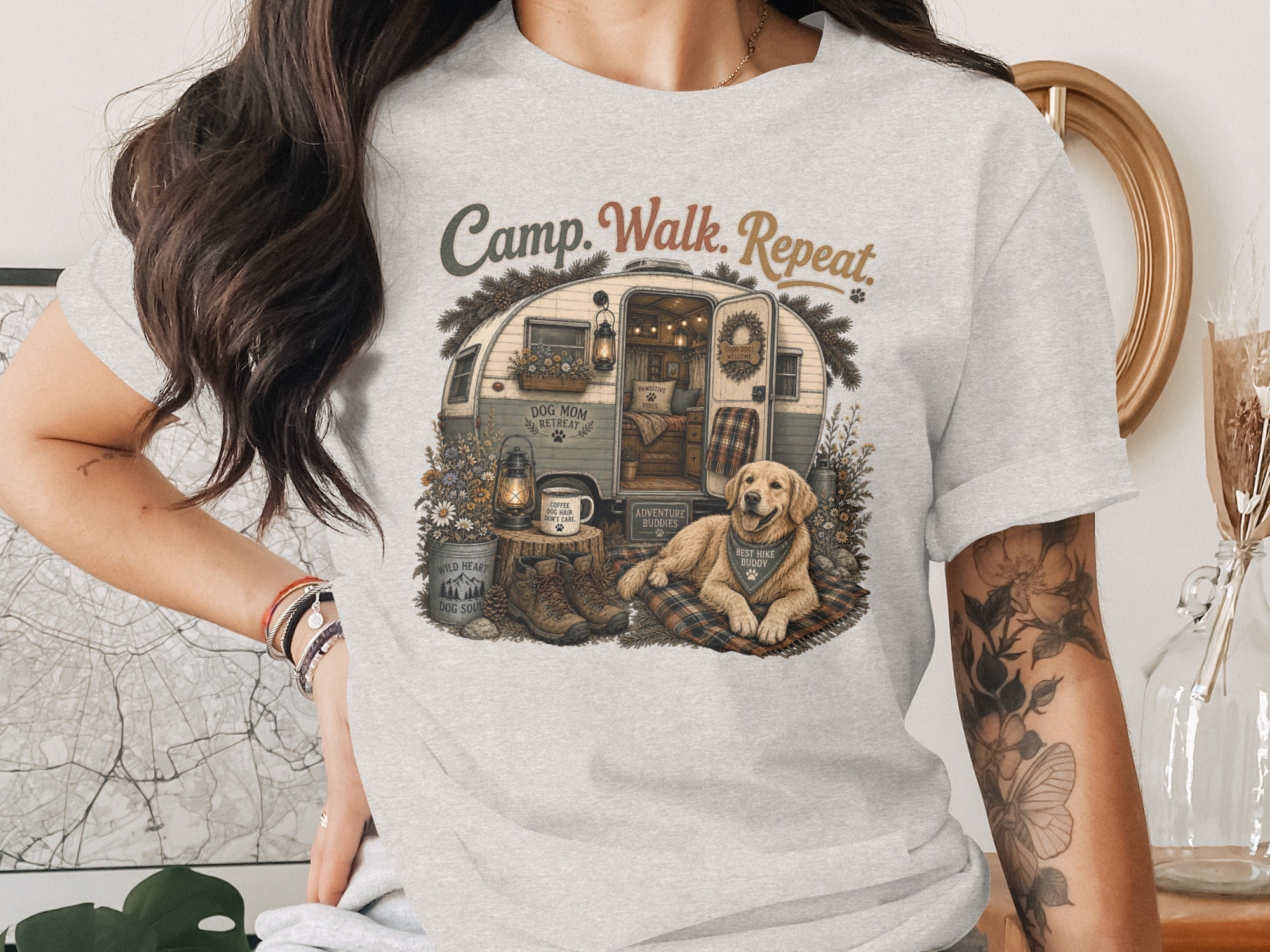 Camp. Walk. Repeat graphic with dog, camper, and camping gear.