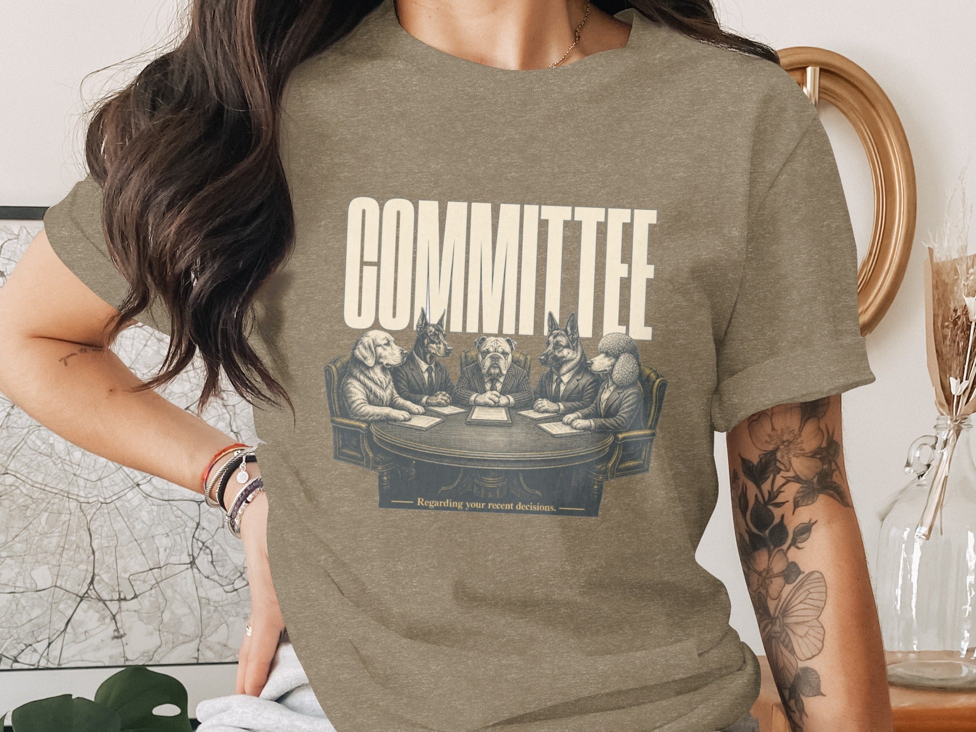 T-shirt graphic: "COMMITTEE" with dogs in suits at a meeting table.