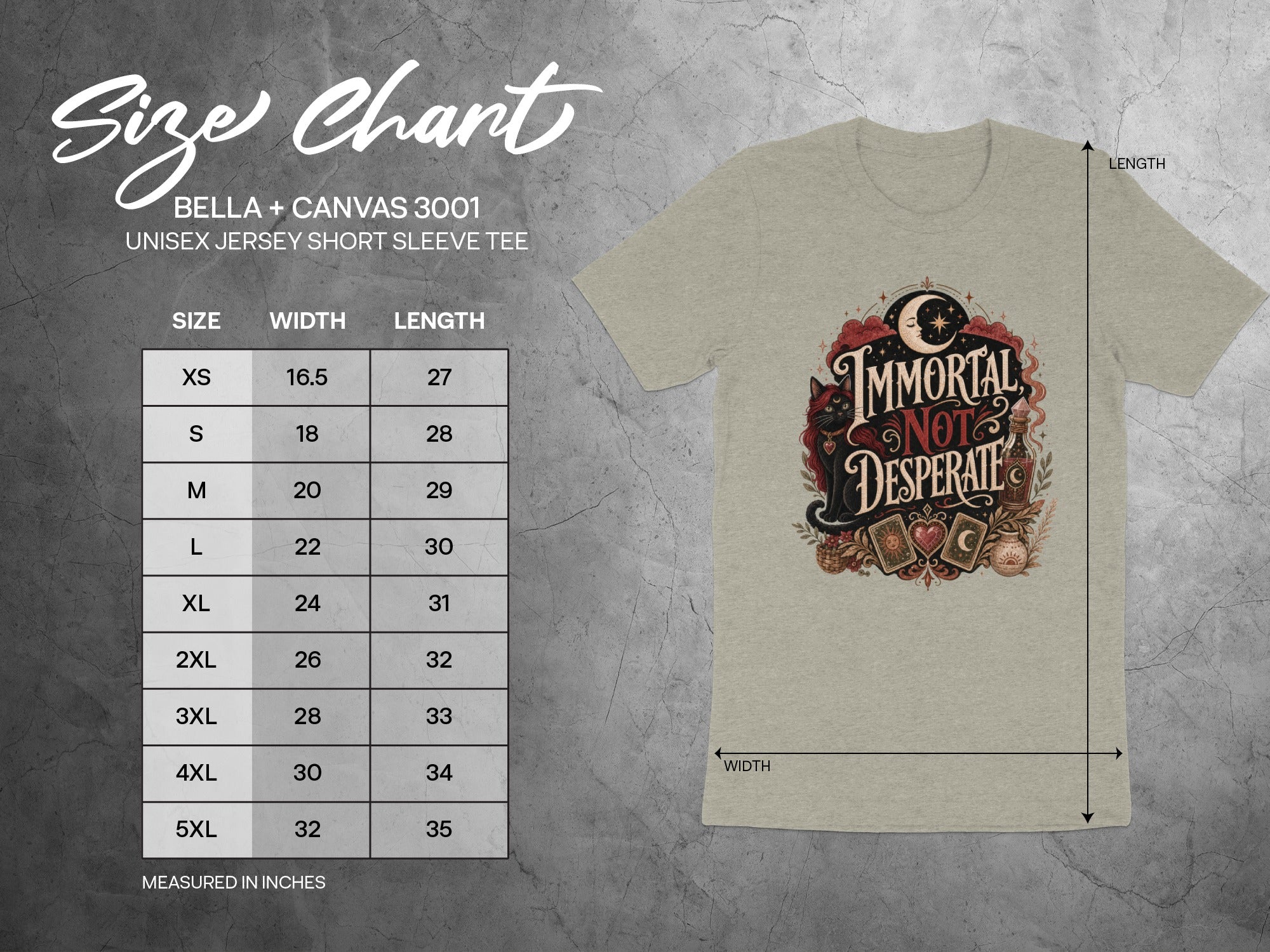 BELLA + CANVAS 3001 unisex tee size chart with chest width and length measurements.