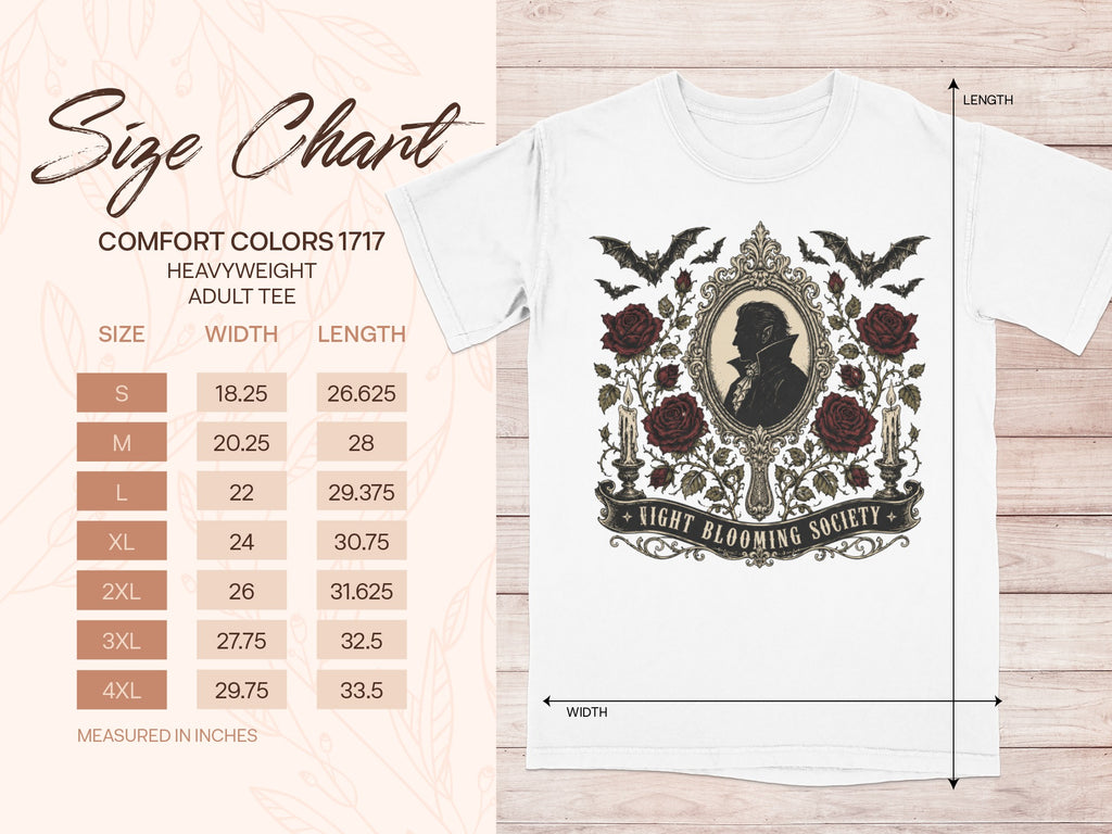 Size chart for Comfort Colors 1717 heavyweight adult tee, with measurements in inches.