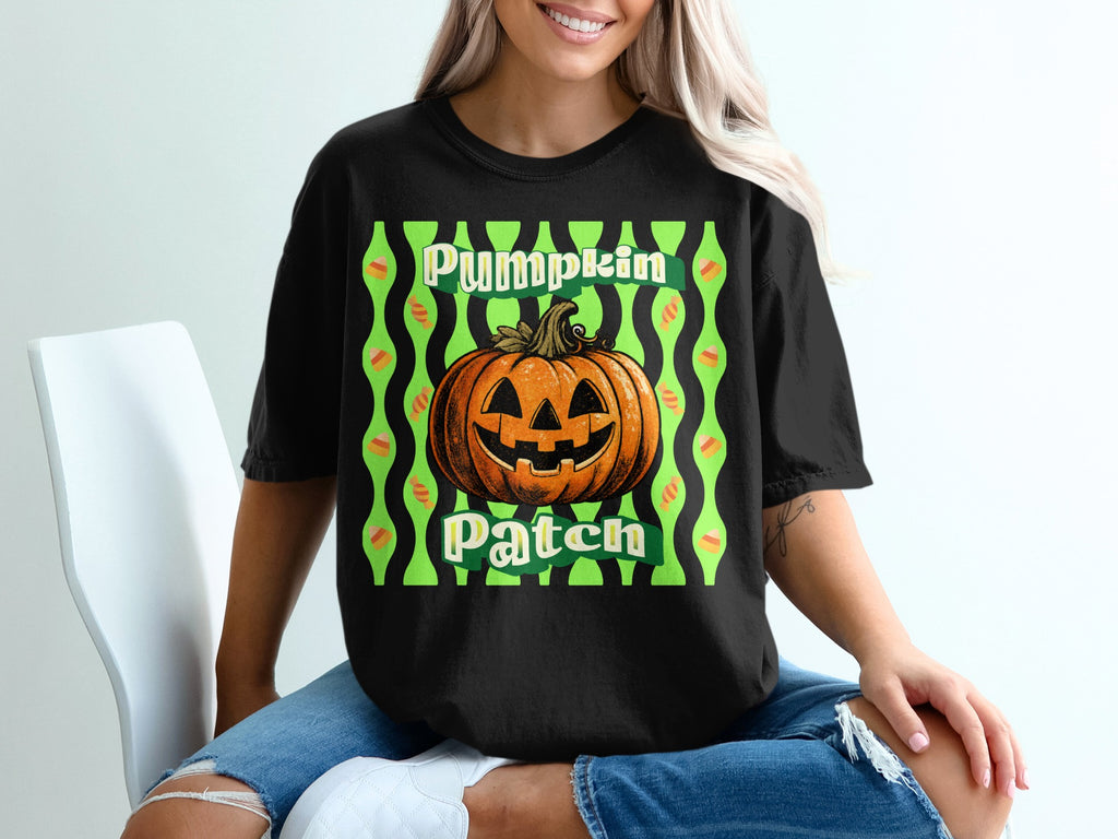 Black t-shirt with Jack-o'-lantern and "Pumpkin Patch" text.