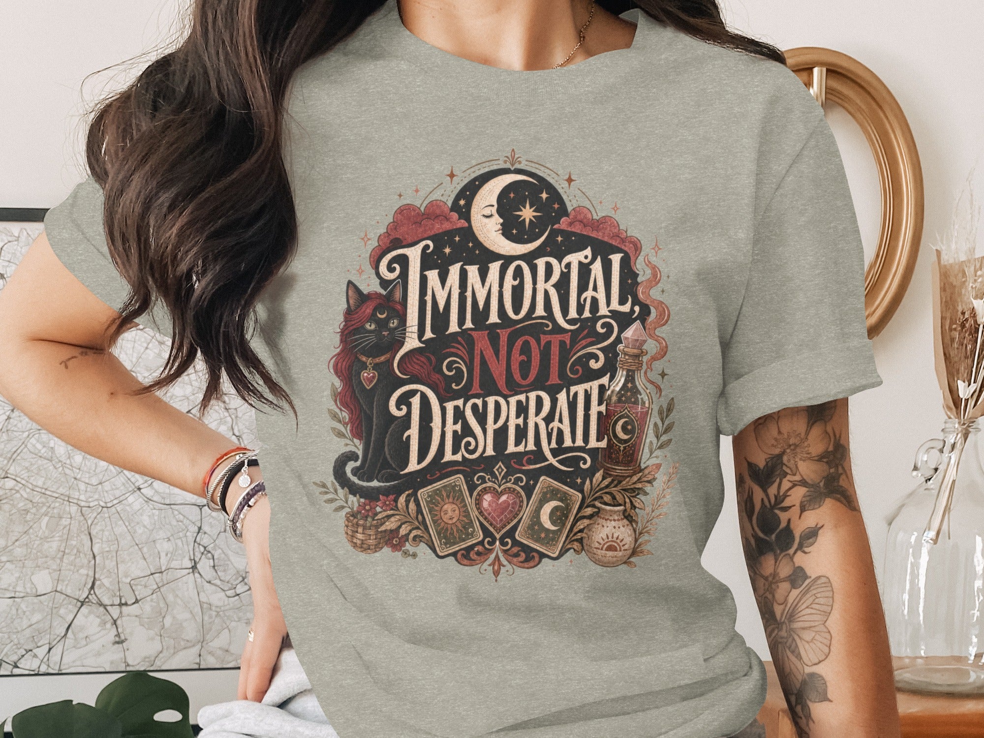 Gray t-shirt with astrological design and text "Immortal Not Desperate".