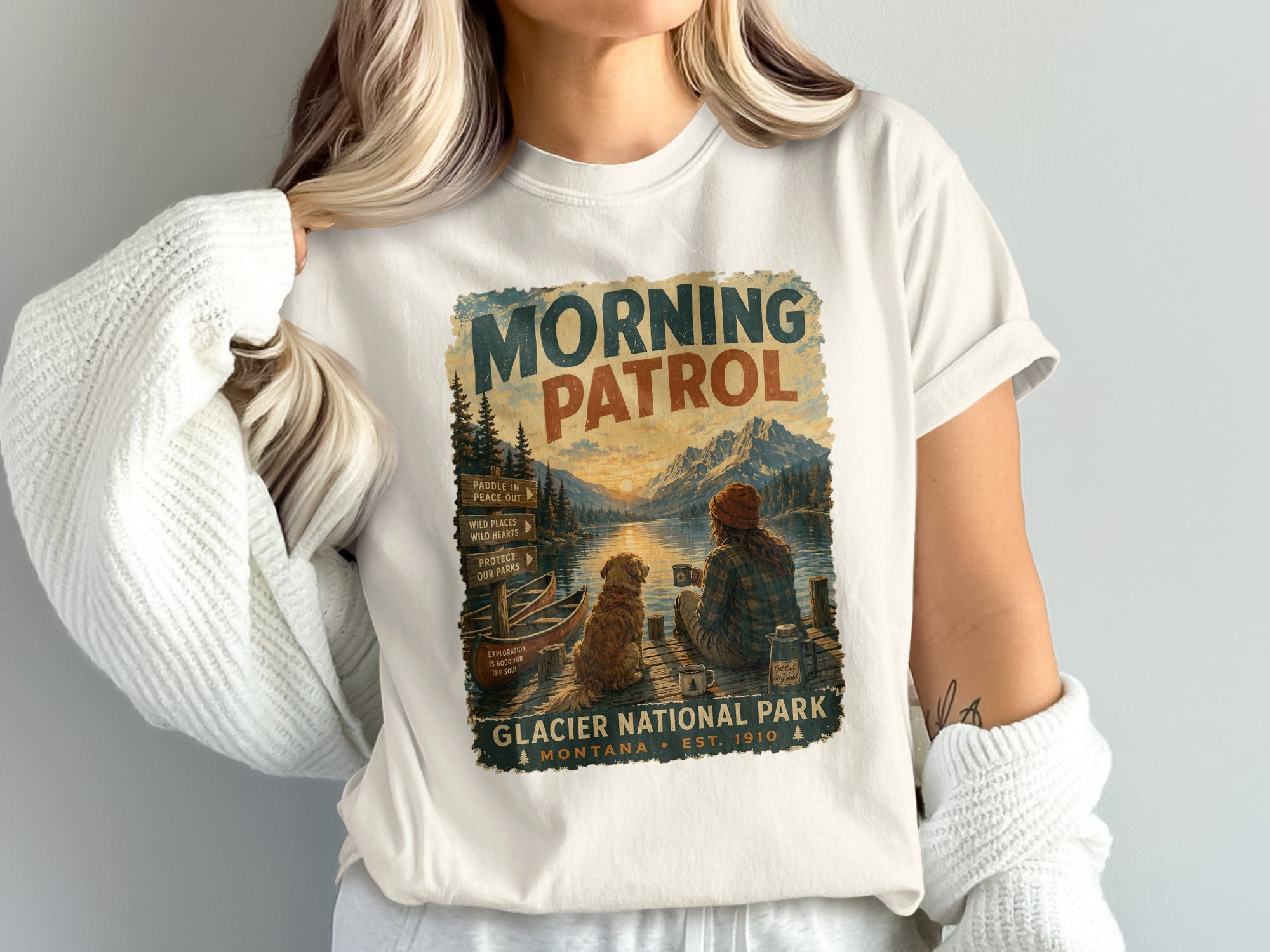 Glacier National Park retro graphic tee with "Morning Patrol" and nature illustration.