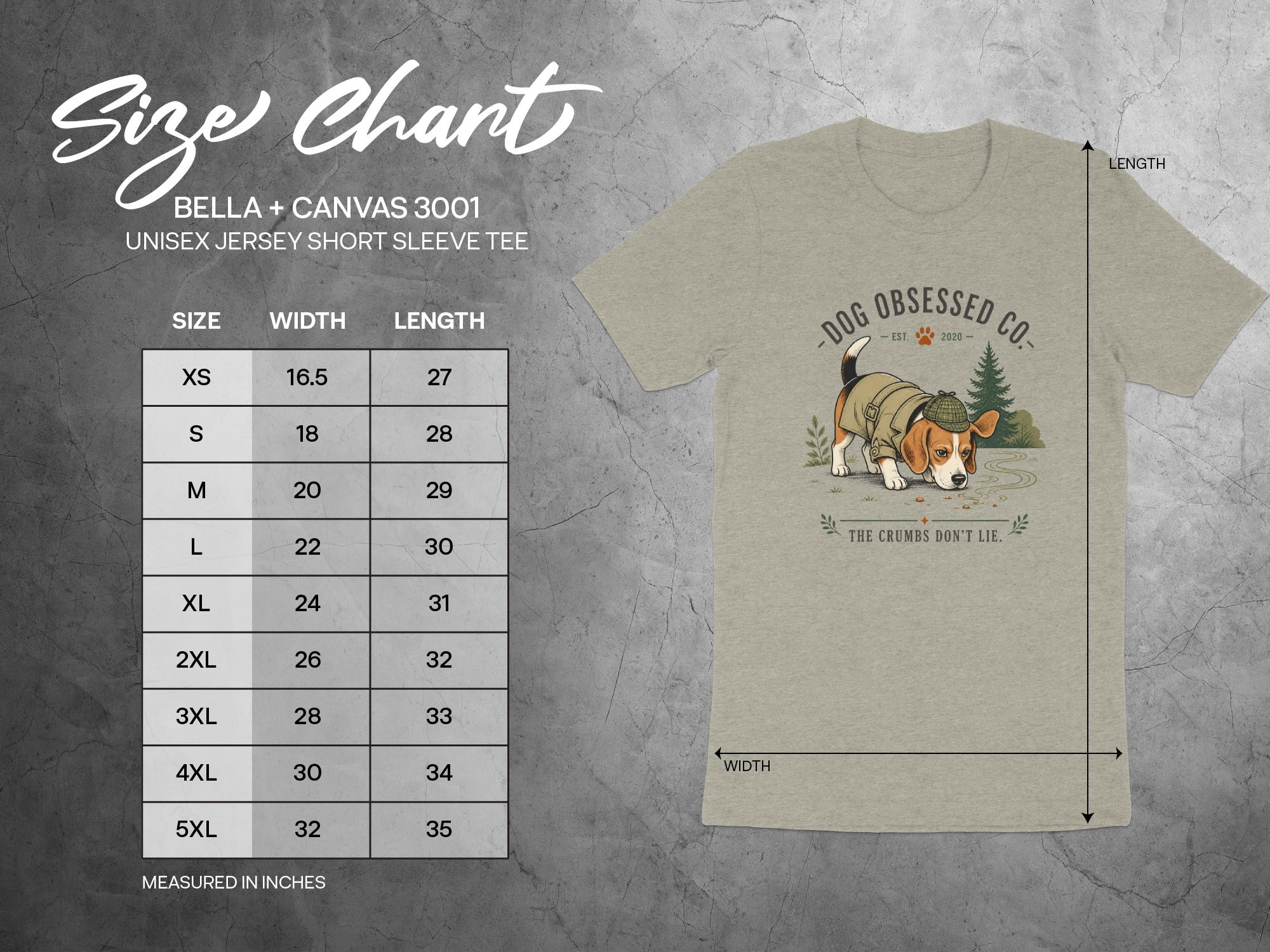Size chart for Bella + Canvas 3001 unisex tee, with dog graphic.