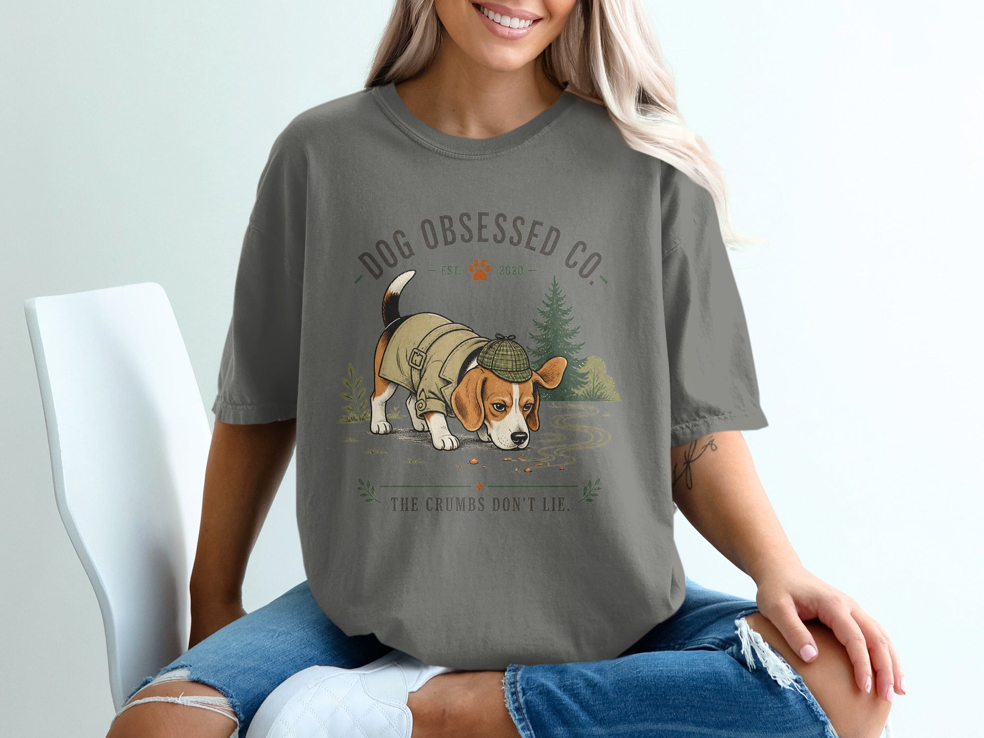 Beagle dog wearing a coat and hat, "Dog Obsessed Co. Est. 2020. The Crumbs Don't Lie."