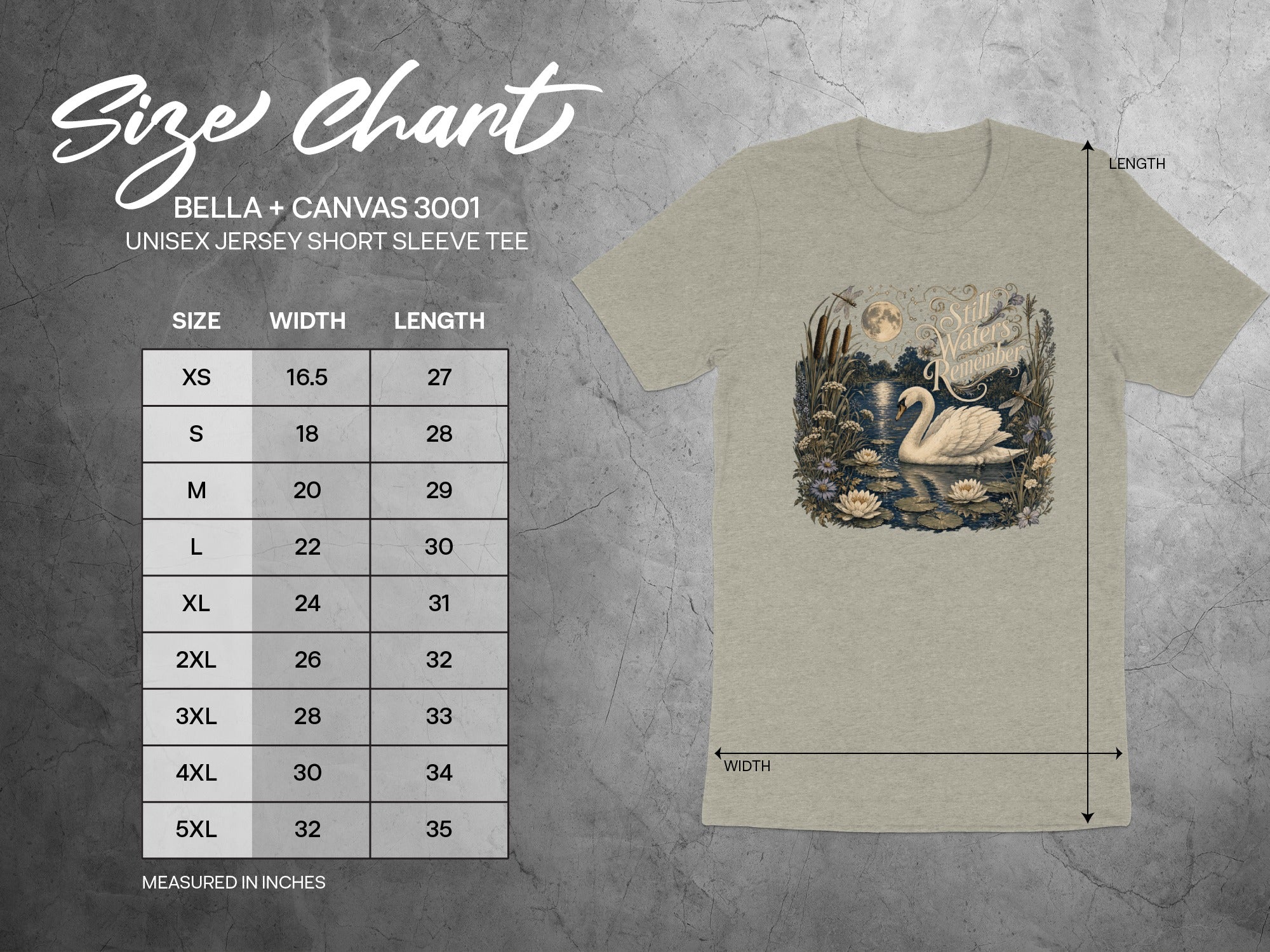 Bella + Canvas 3001 size chart for unisex short sleeve tee with width and length measurements.
