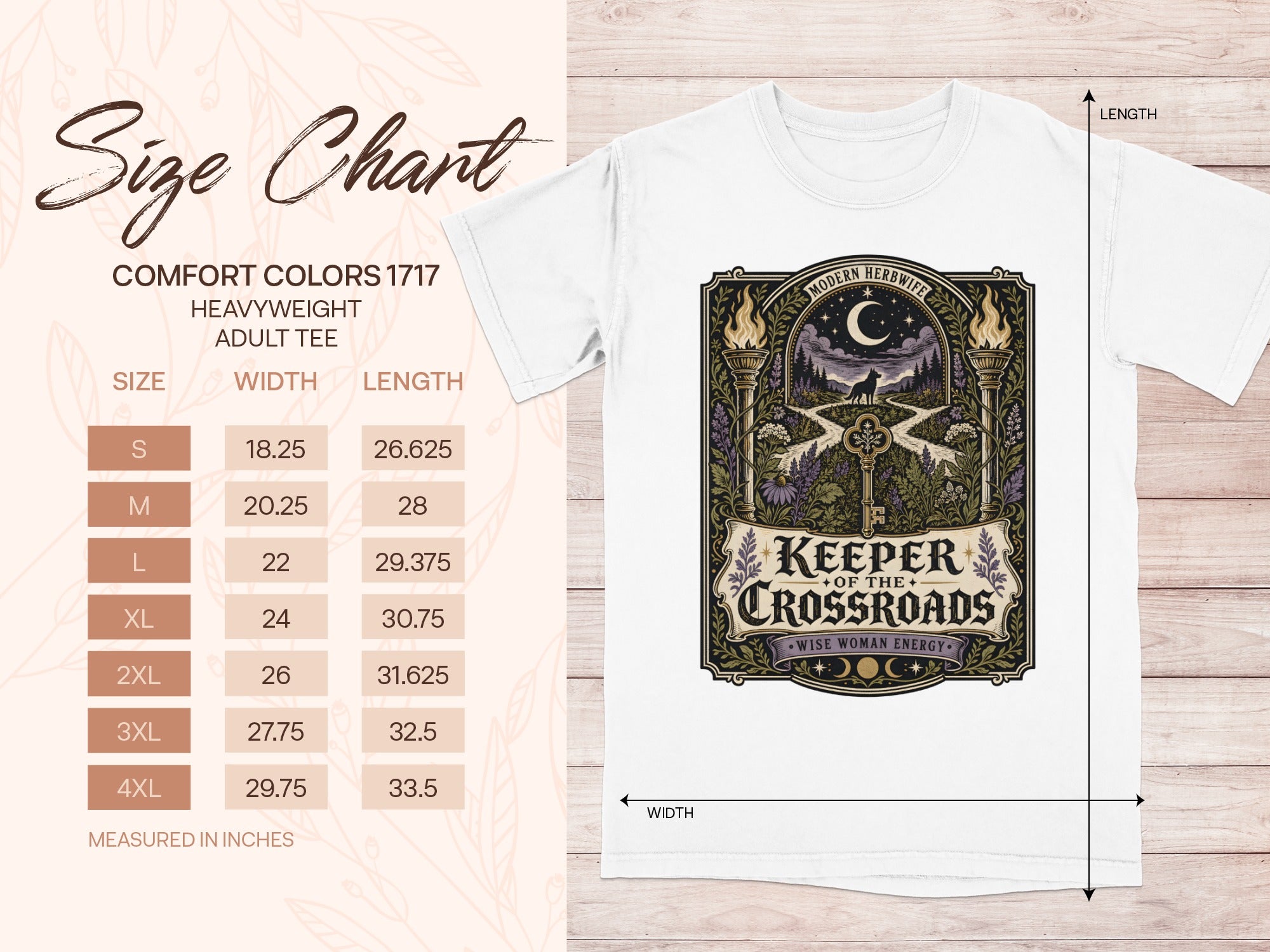 Size chart for Comfort Colors 1717 heavyweight adult tee with measurements in inches.