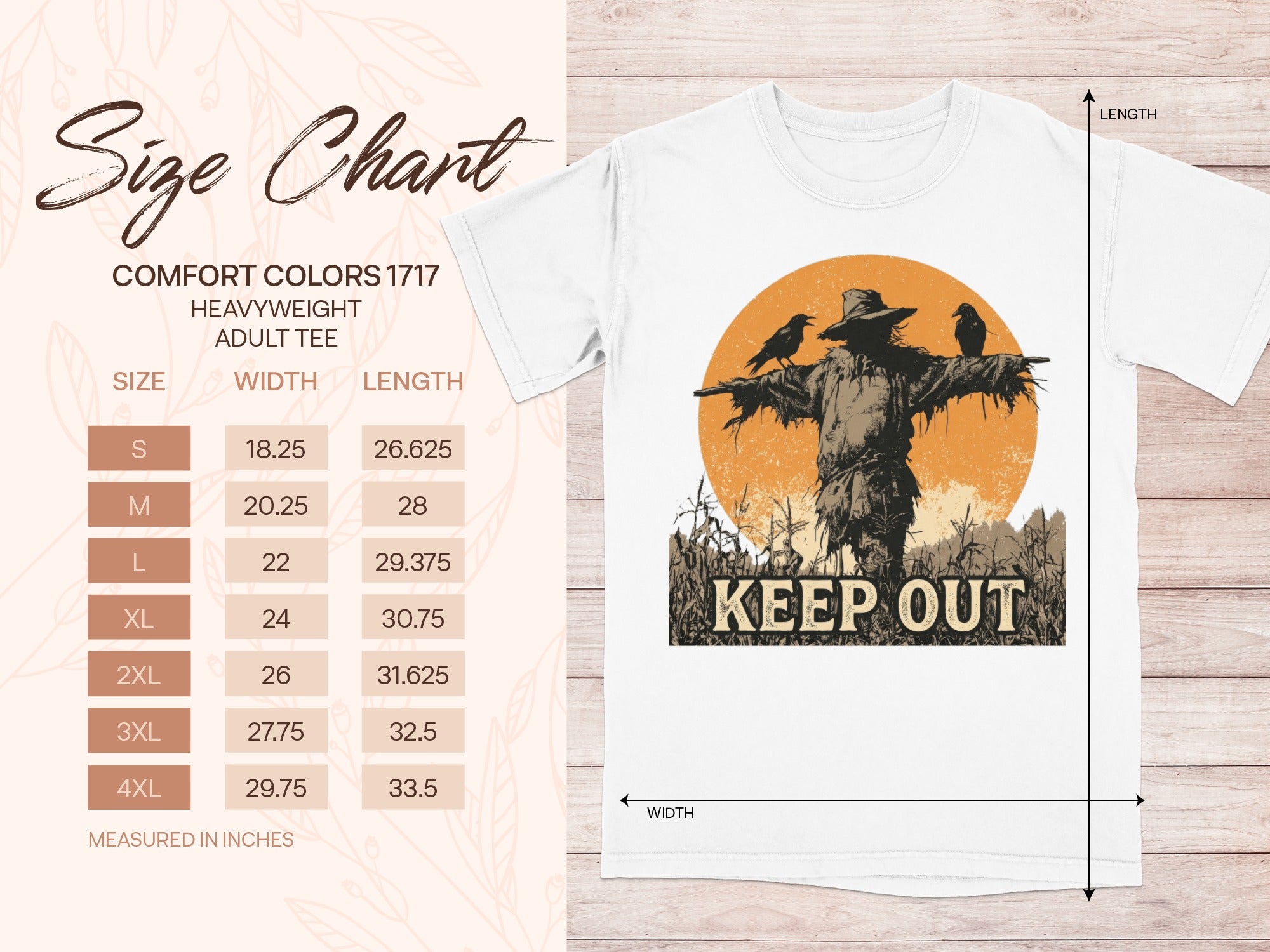 Comfort Colors 1717 adult tee size chart with scarecrow graphic and "KEEP OUT" text.
