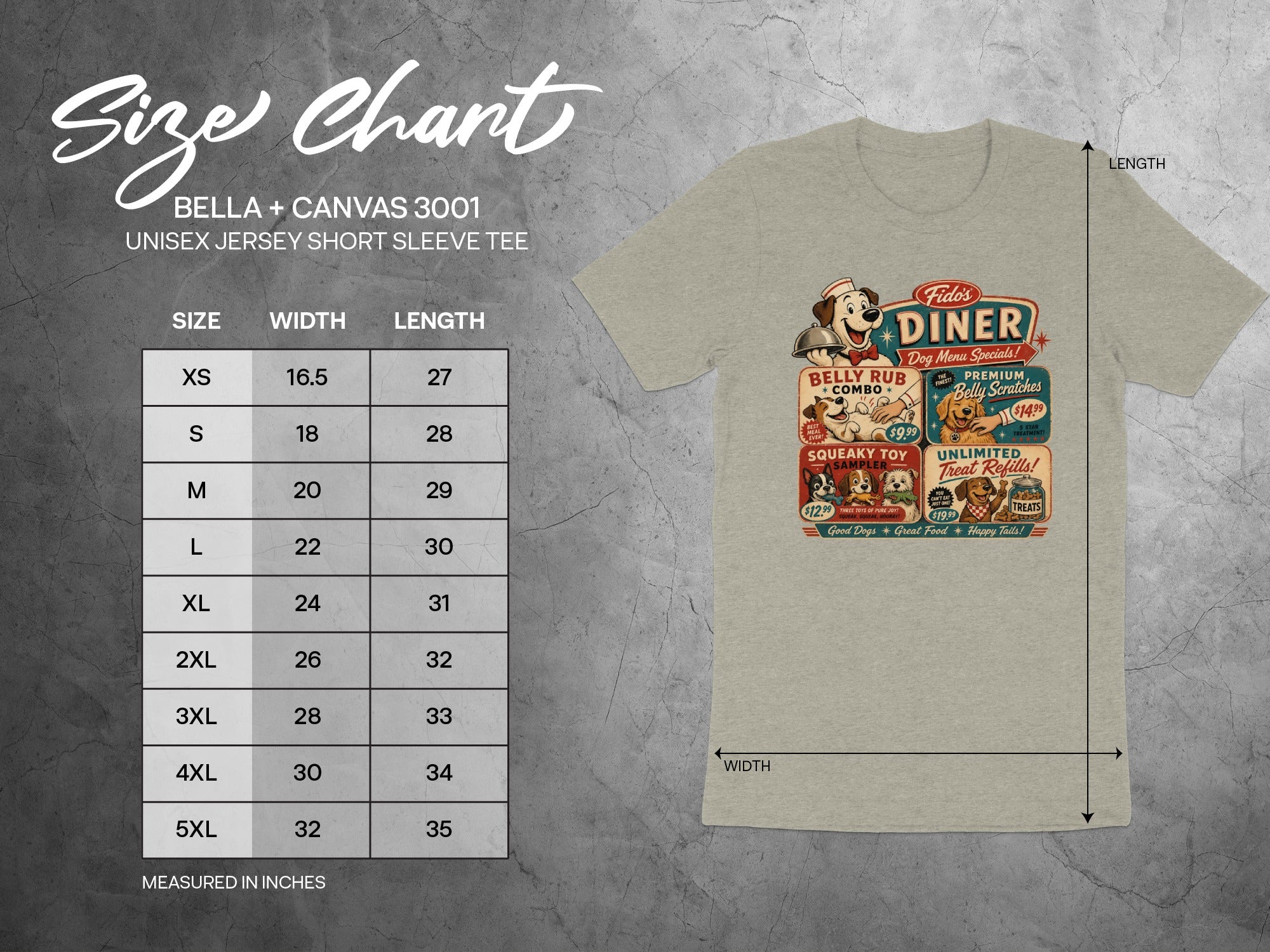 Size chart for BELLA + CANVAS 3001 unisex jersey short sleeve tee.