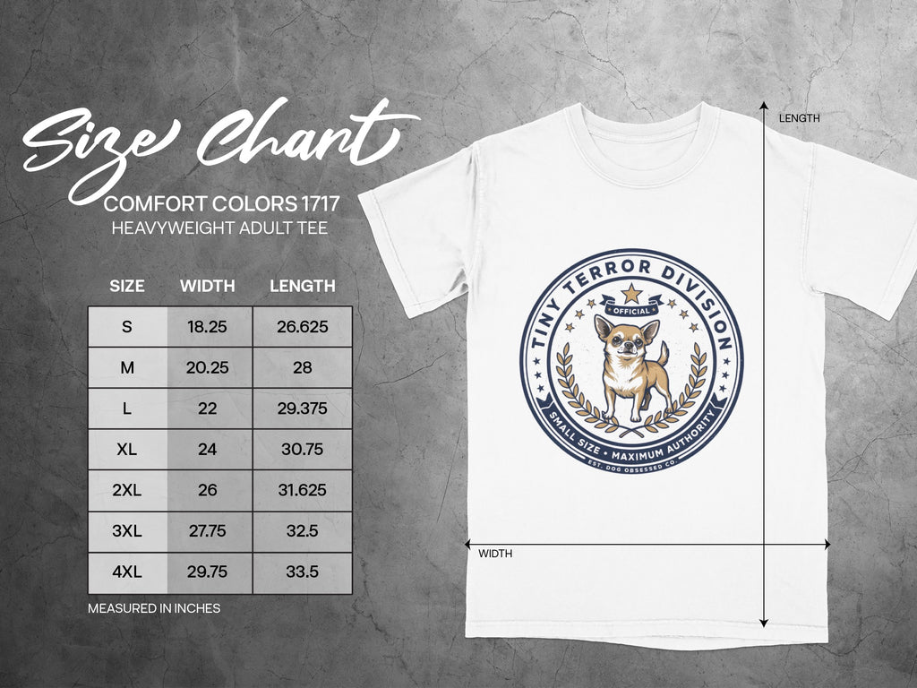 Comfort Colors 1717 heavyweight adult tee size chart with width and length measurements.