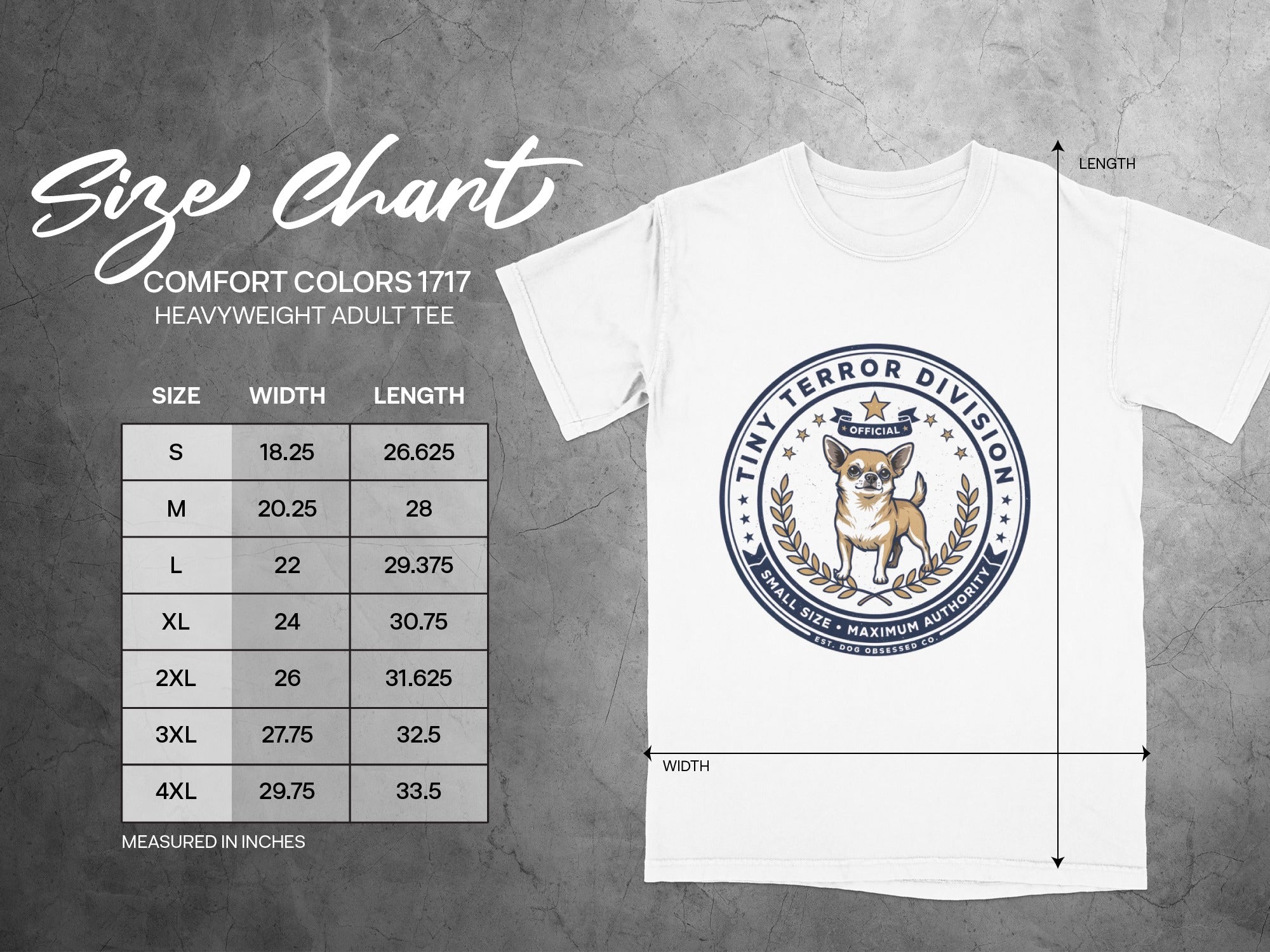 Comfort Colors 1717 heavyweight adult tee size chart with width and length measurements.
