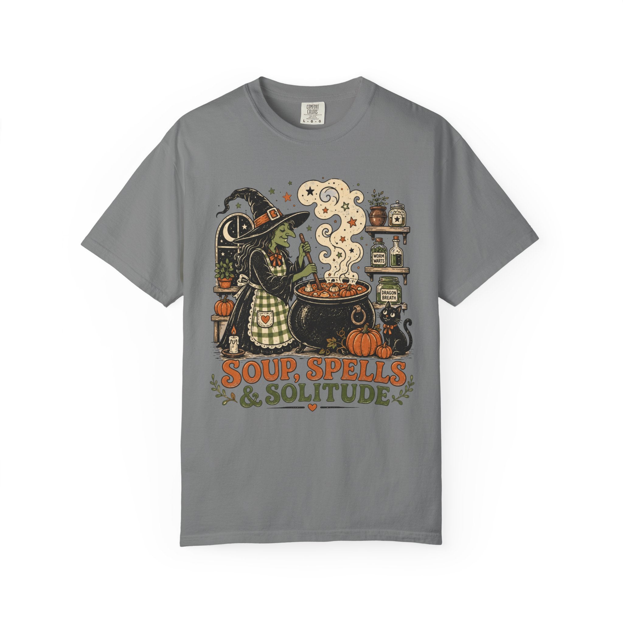 Soup Spells & Solitude Vintage Witch T-Shirt - Cozy Halloween Introvert Tee