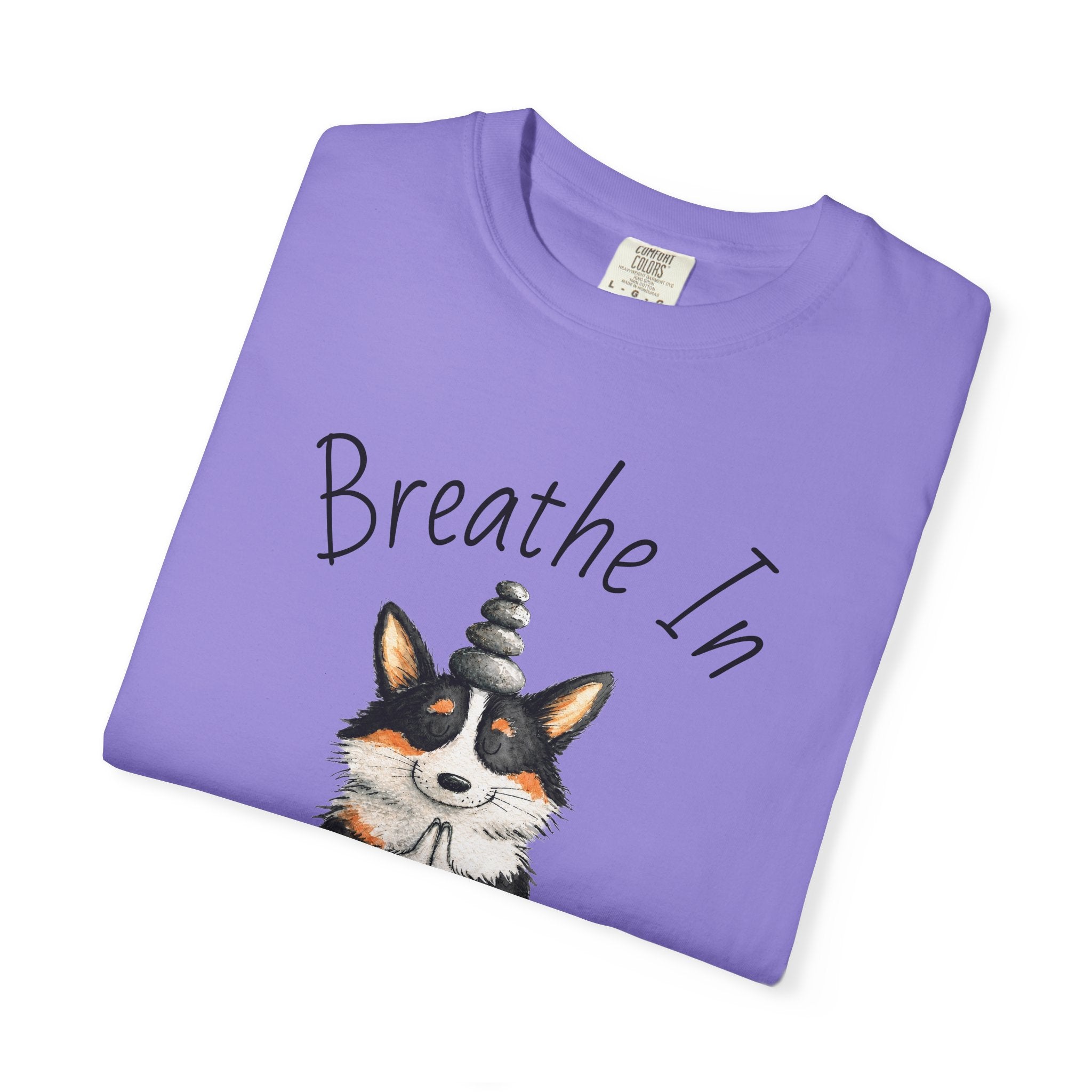 Meditating Corgi T-Shirt — "Breathe In, Breathe Out" Cute Yoga Dog Tee