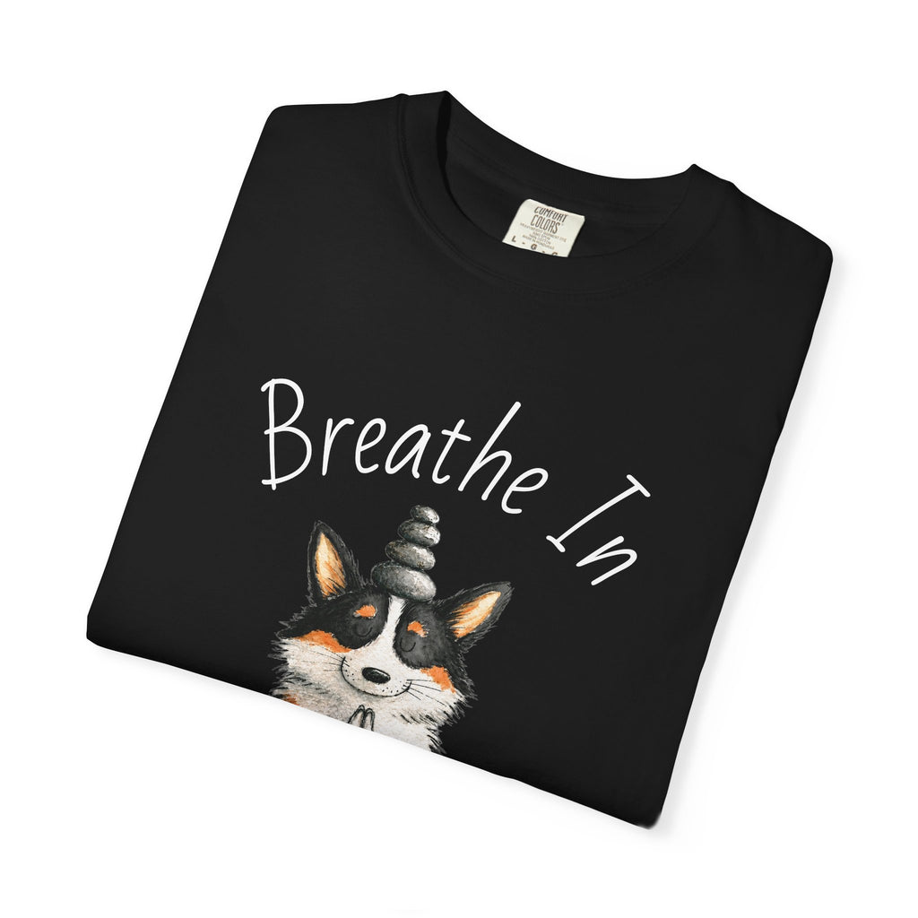 Meditating Corgi T-Shirt — "Breathe In, Breathe Out" Cute Yoga Dog Tee