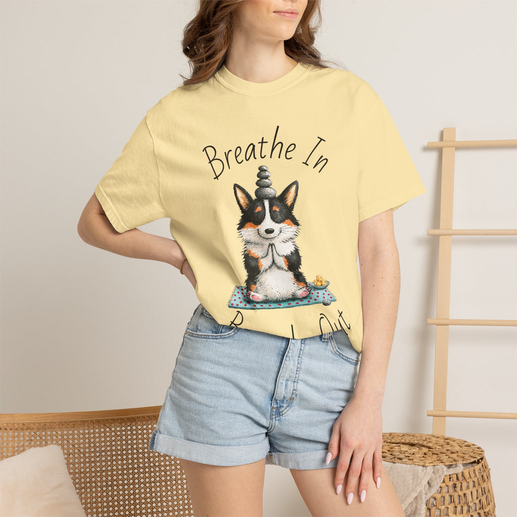 Meditating Corgi T-Shirt — "Breathe In, Breathe Out" Cute Yoga Dog Tee