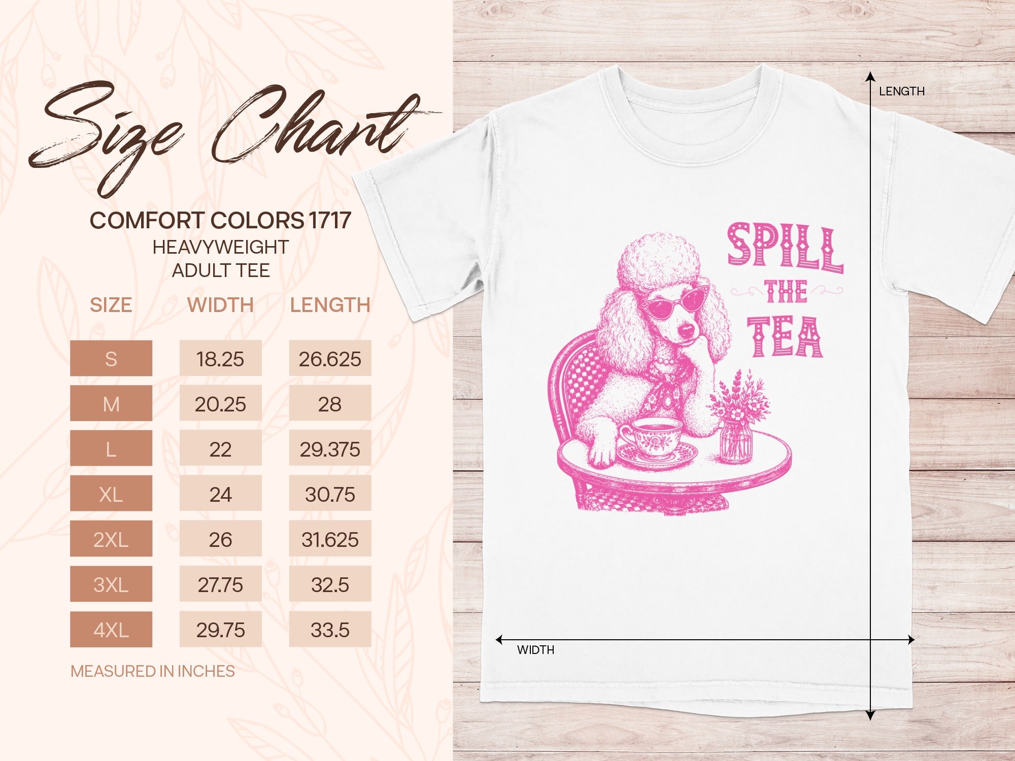 White t-shirt with poodle graphic and "Spill The Tea" text, with size chart.