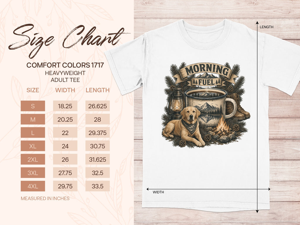 Comfort Colors 1717 heavyweight adult tee size chart with camping graphic.