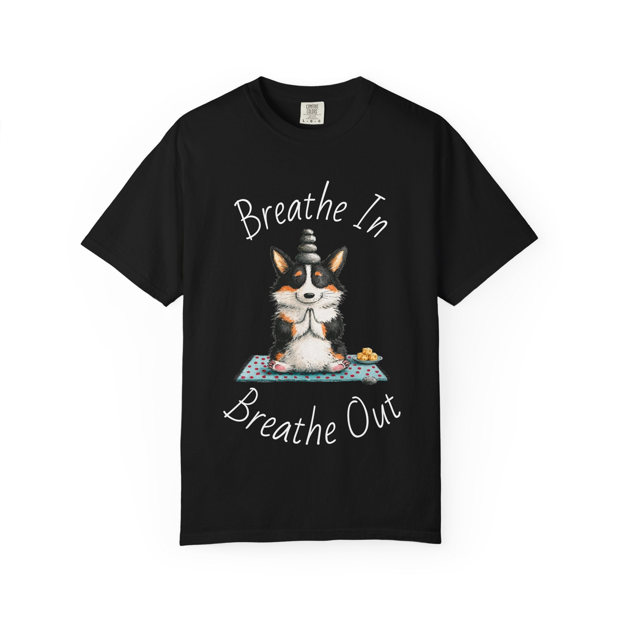 Meditating Corgi T-Shirt — "Breathe In, Breathe Out" Cute Yoga Dog Tee