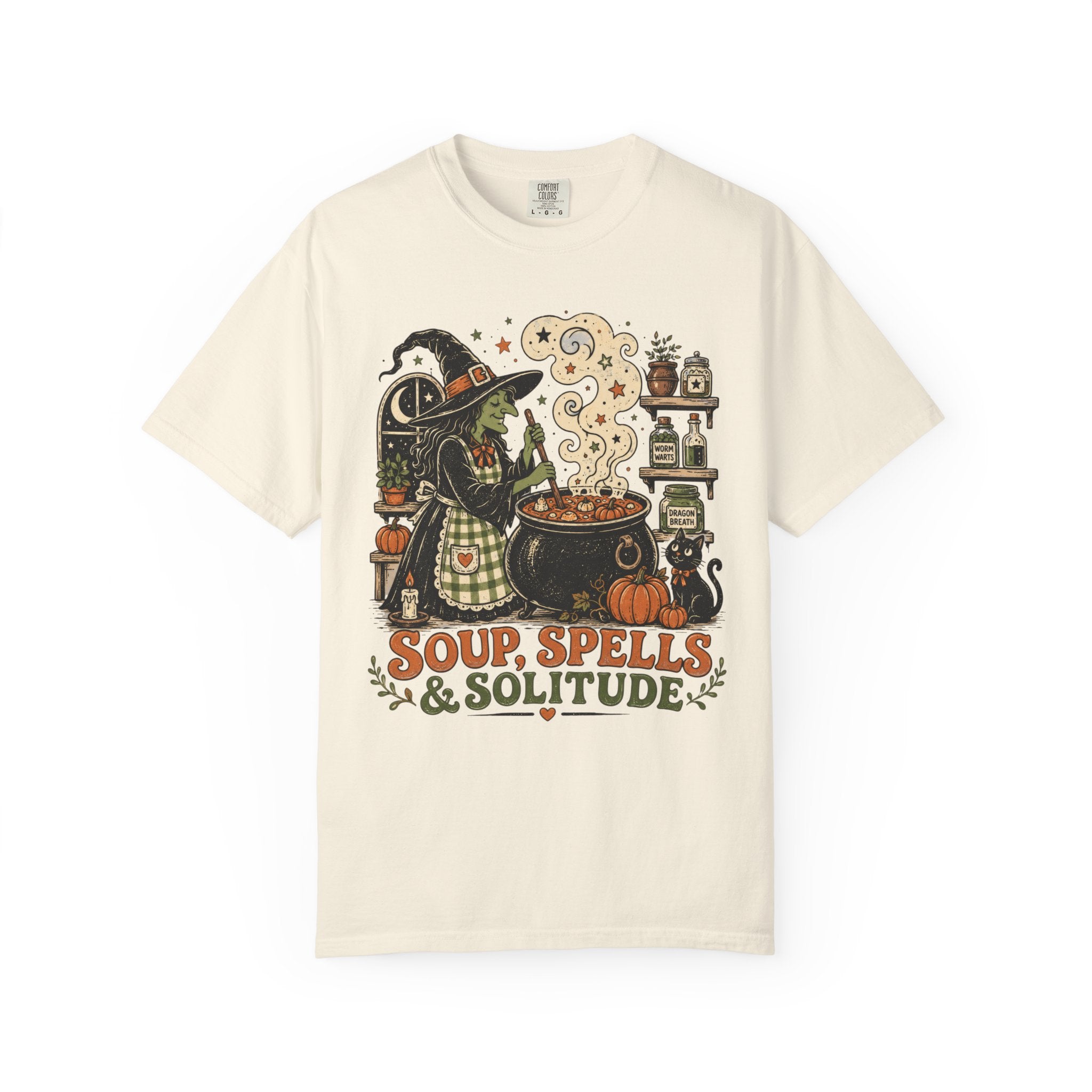 Soup Spells & Solitude Vintage Witch T-Shirt - Cozy Halloween Introvert Tee