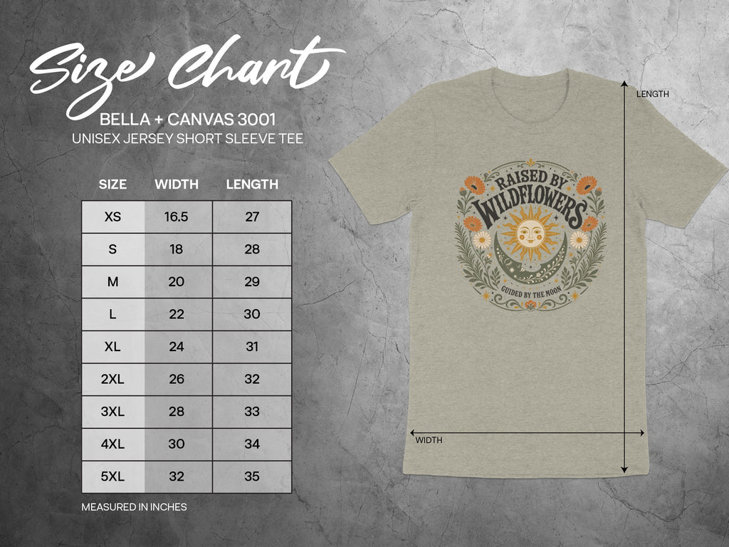 BELLA + CANVAS 3001 unisex tee size chart with measurements in inches.