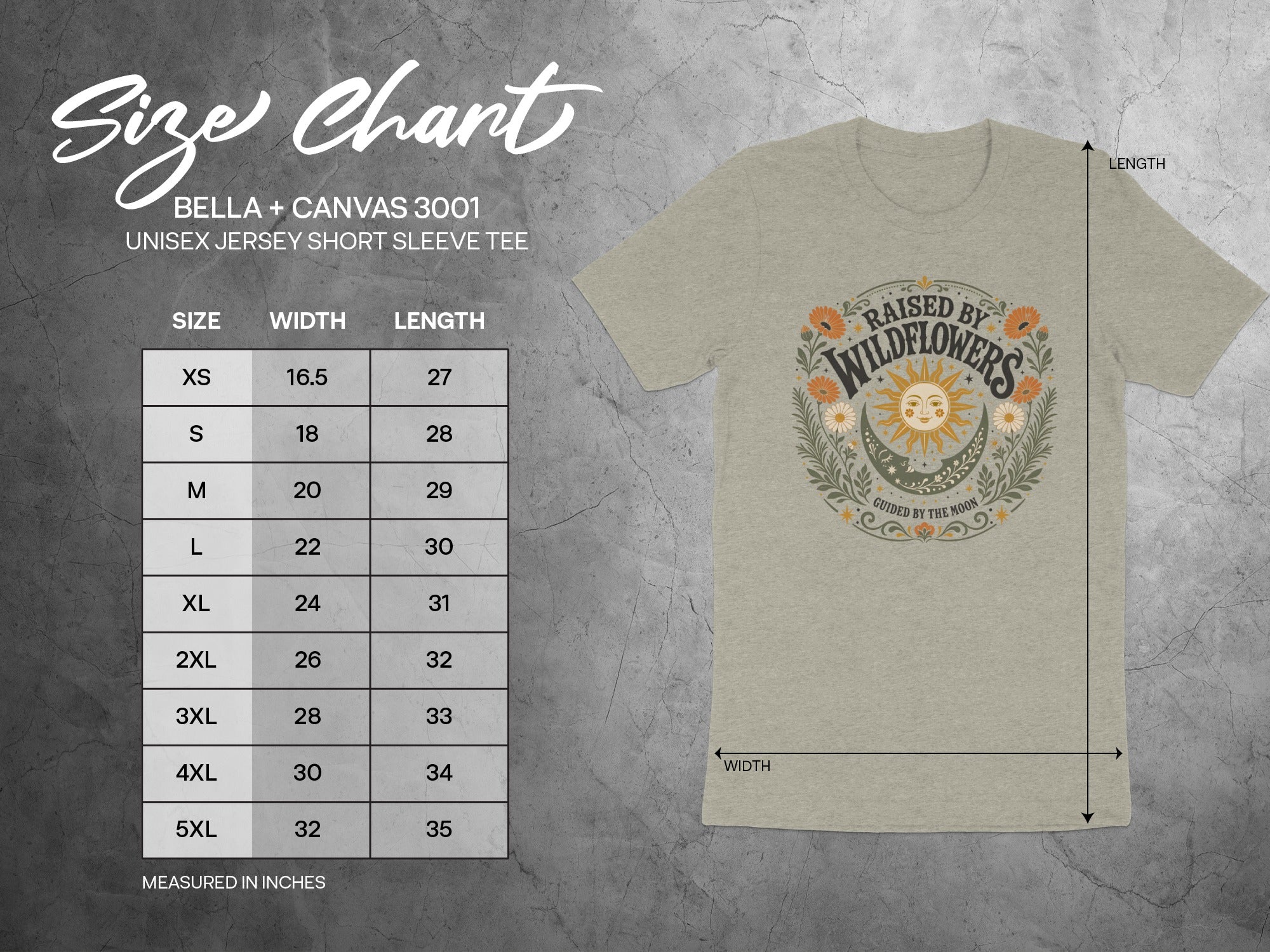 BELLA + CANVAS 3001 unisex tee size chart with measurements in inches.