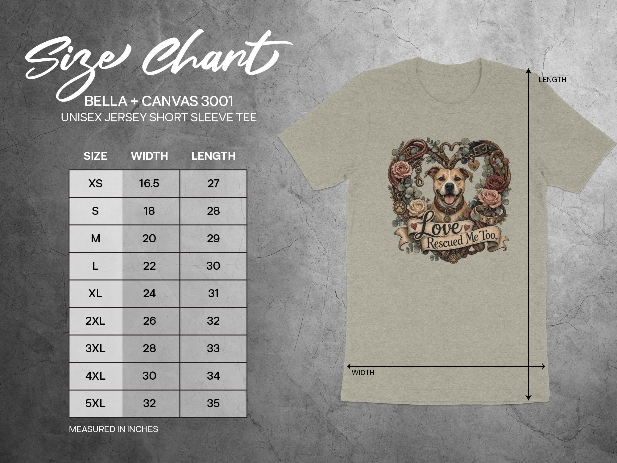 Bella + Canvas 3001 size chart showing measurements for unisex short sleeve tees.