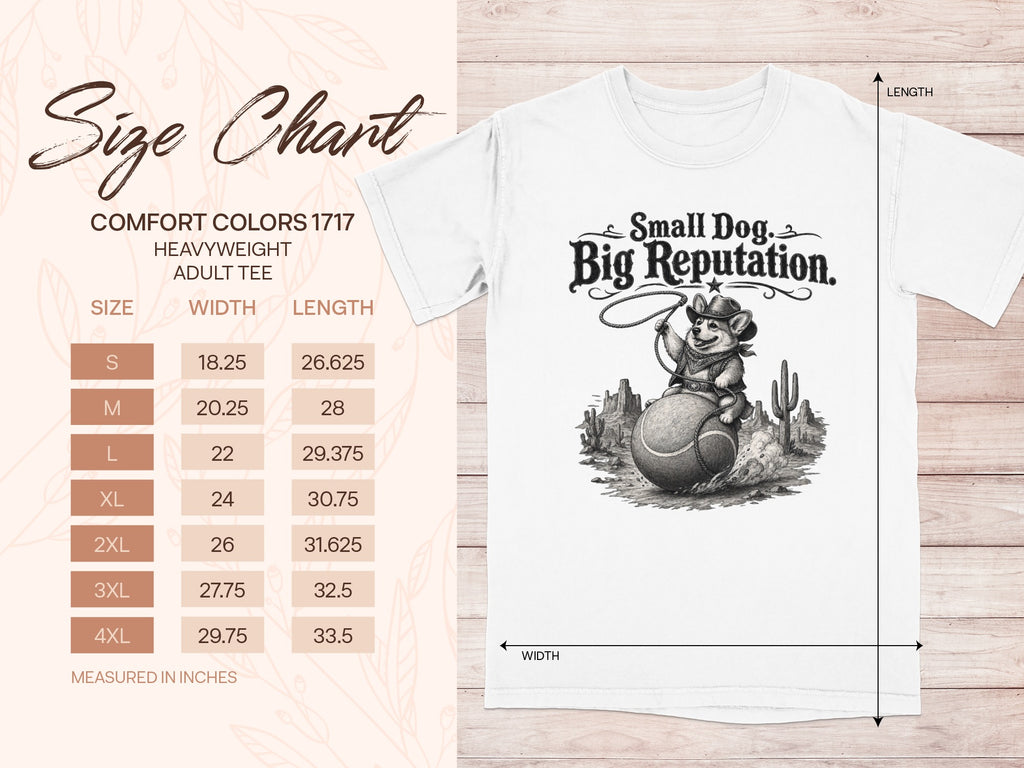 Comfort Colors 1717 adult tee size chart with measurements in inches.