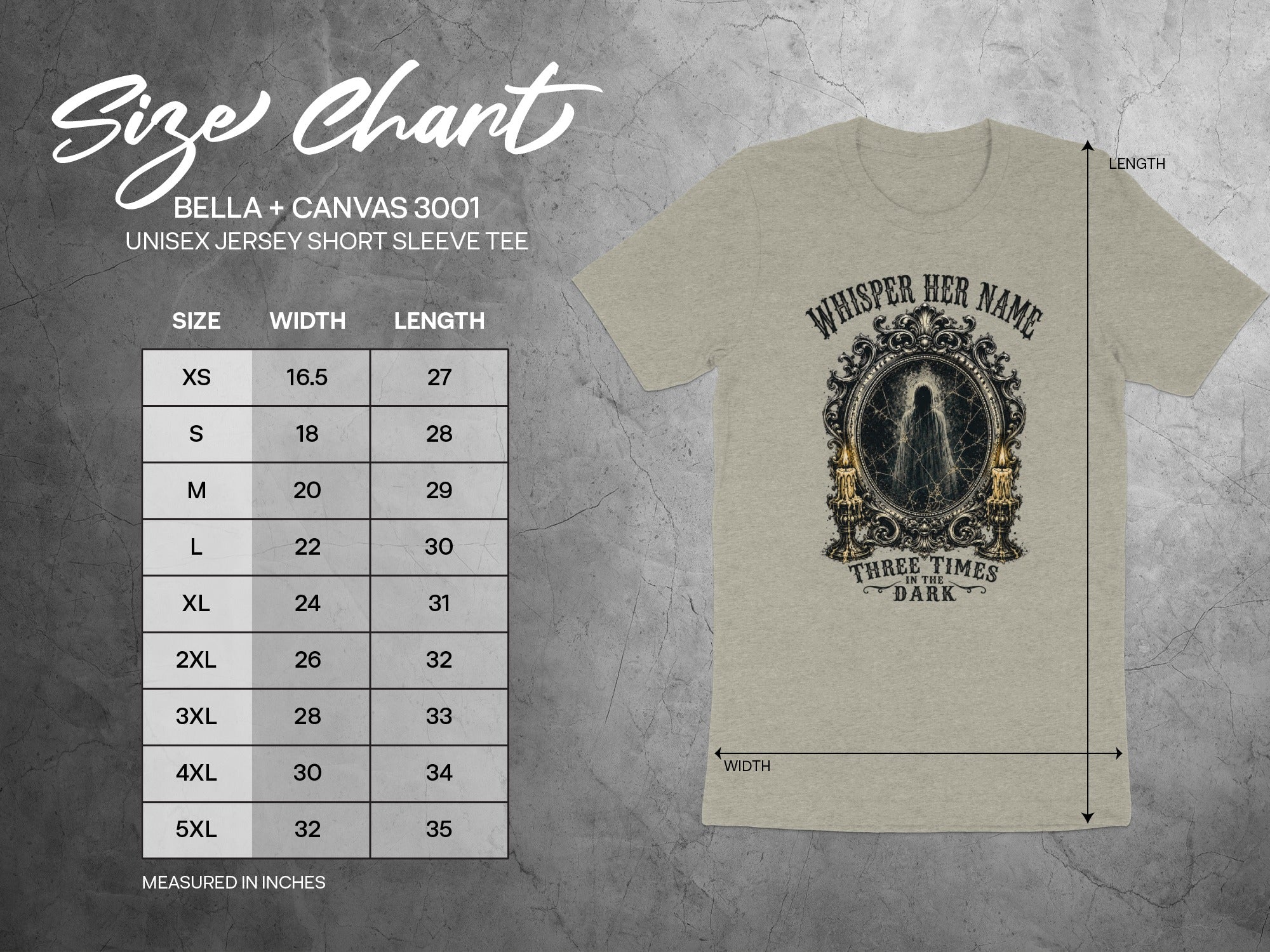 Bella + Canvas 3001 size chart for unisex jersey short sleeve tee.