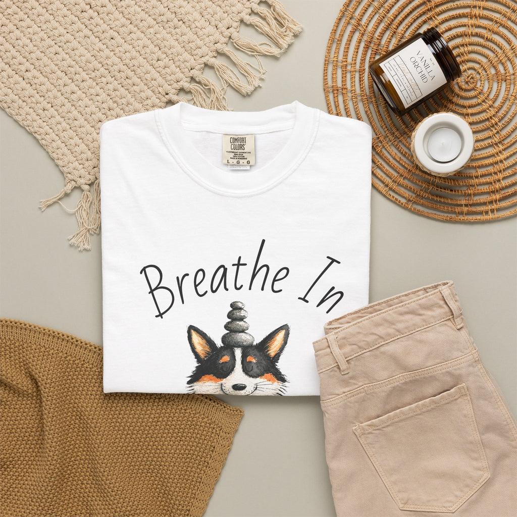 Meditating Corgi T-Shirt — "Breathe In, Breathe Out" Cute Yoga Dog Tee