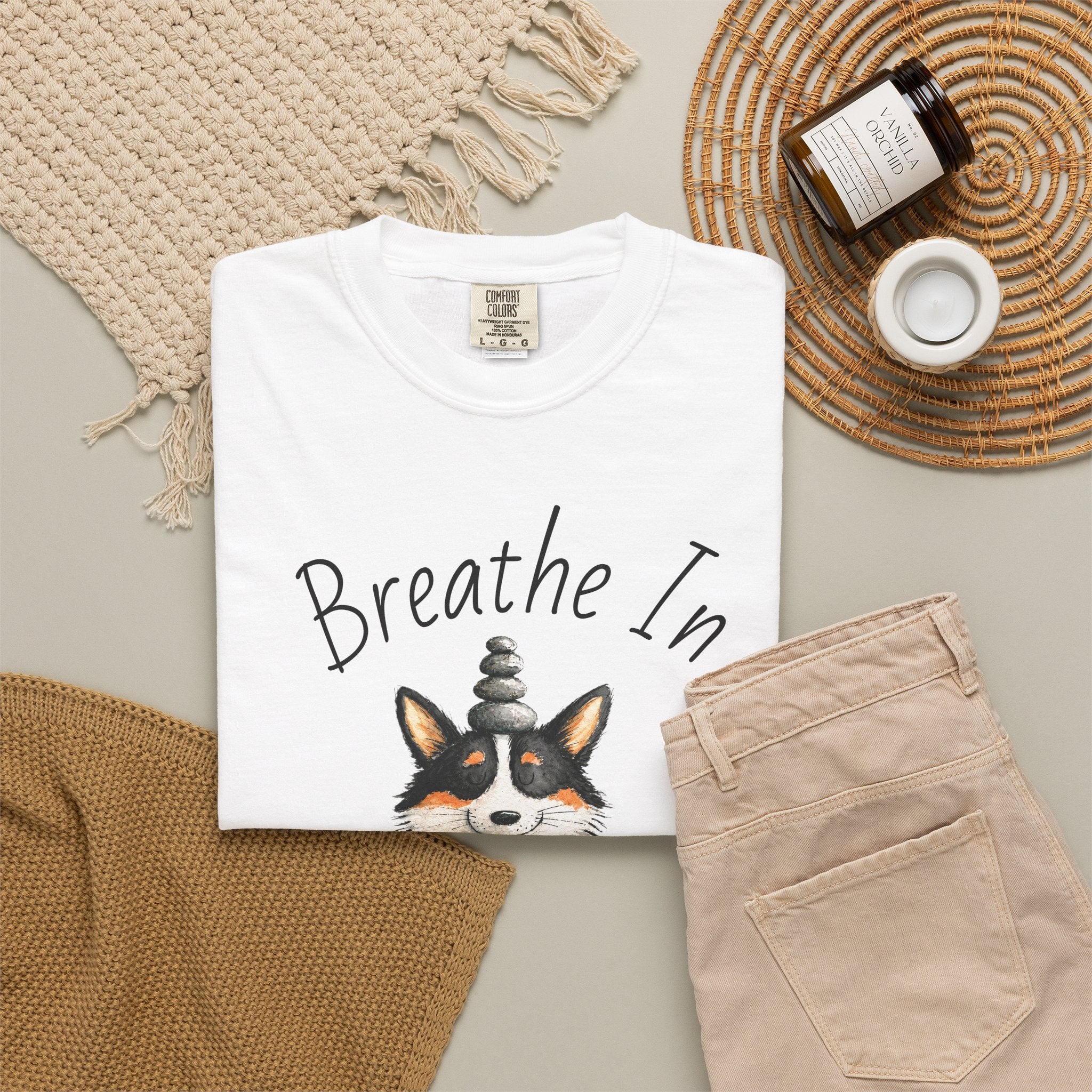 Meditating Corgi T-Shirt — "Breathe In, Breathe Out" Cute Yoga Dog Tee