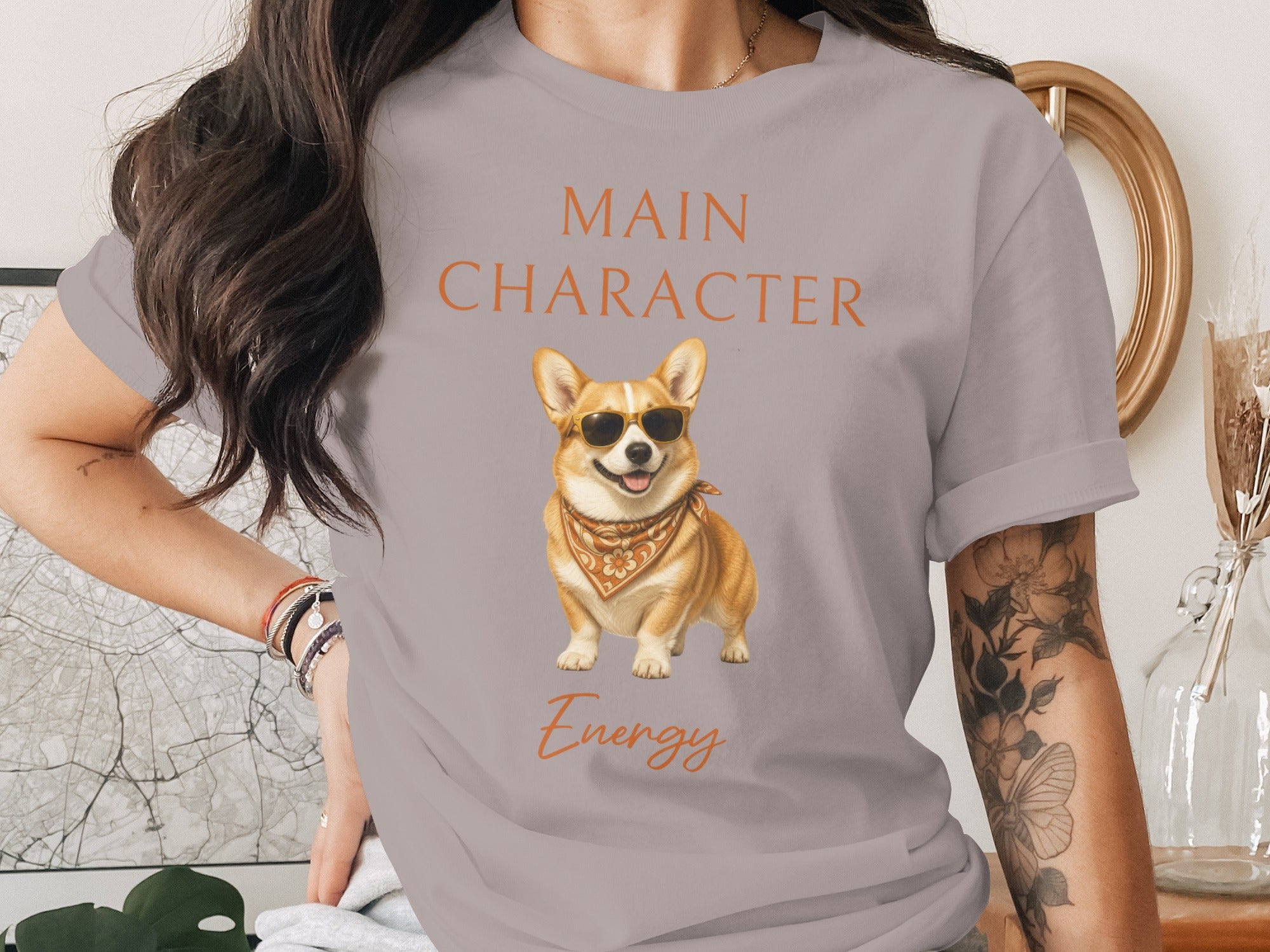 T-shirt with "Main Character Energy" text and a corgi wearing sunglasses.