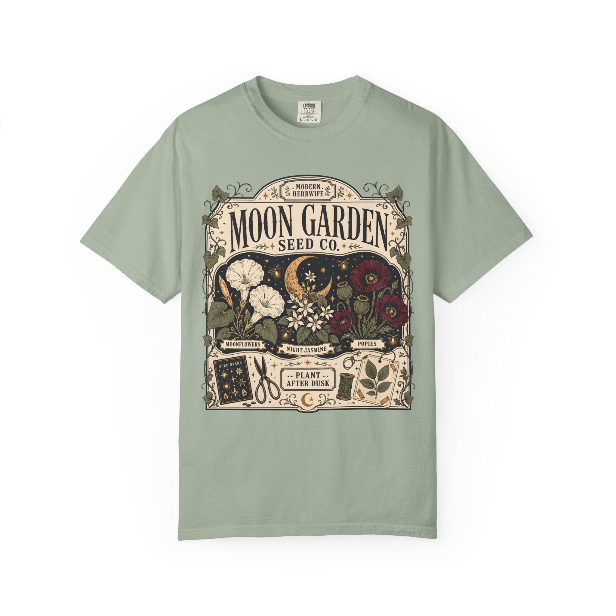 Moon Garden Seed Co T-Shirt - Vintage Botanical Modern Herbwife Shirt - Celestial Cottagecore Floral Tee