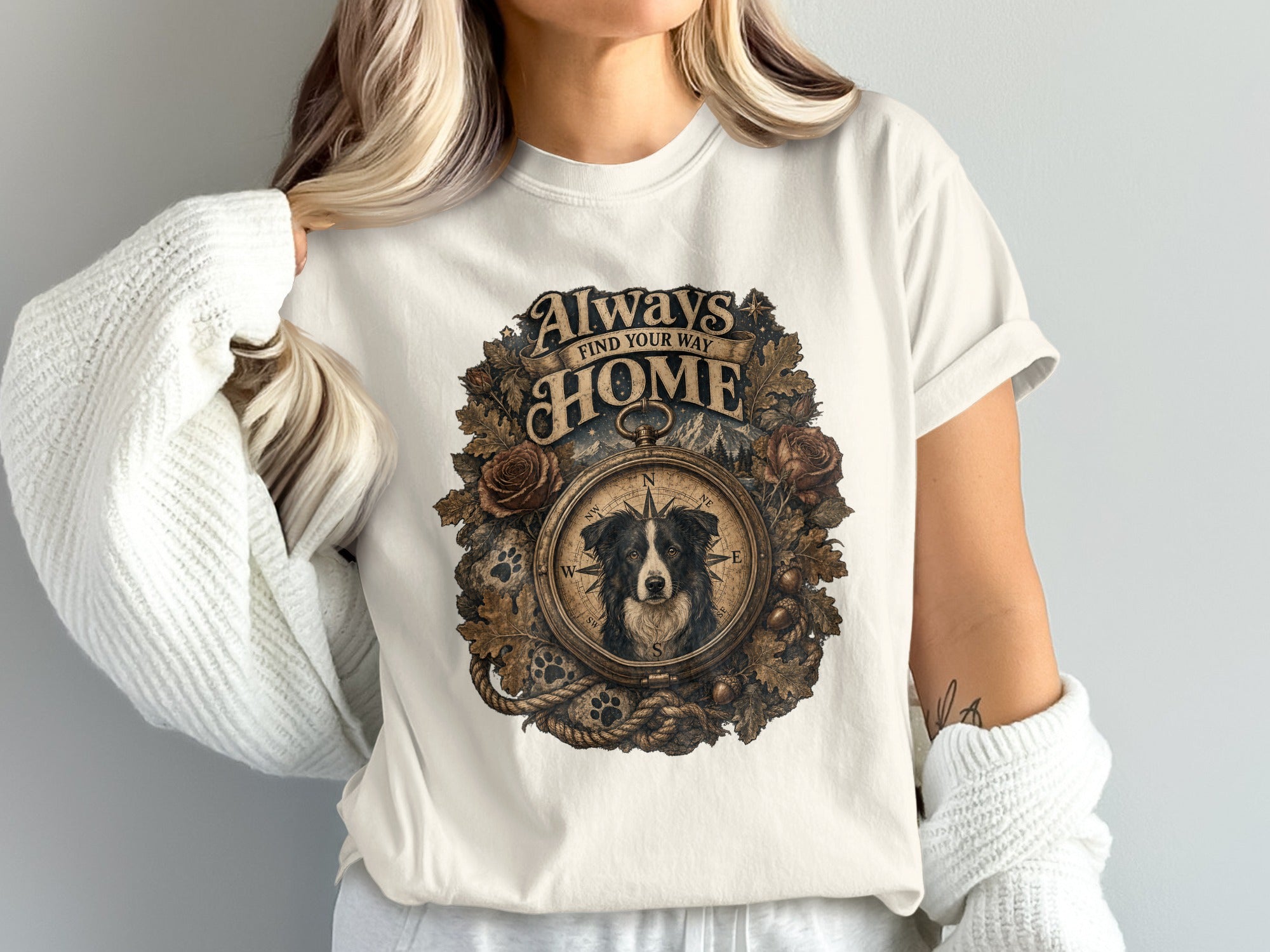 Border collie portrait on compass with text "Always Find Your Way Home."