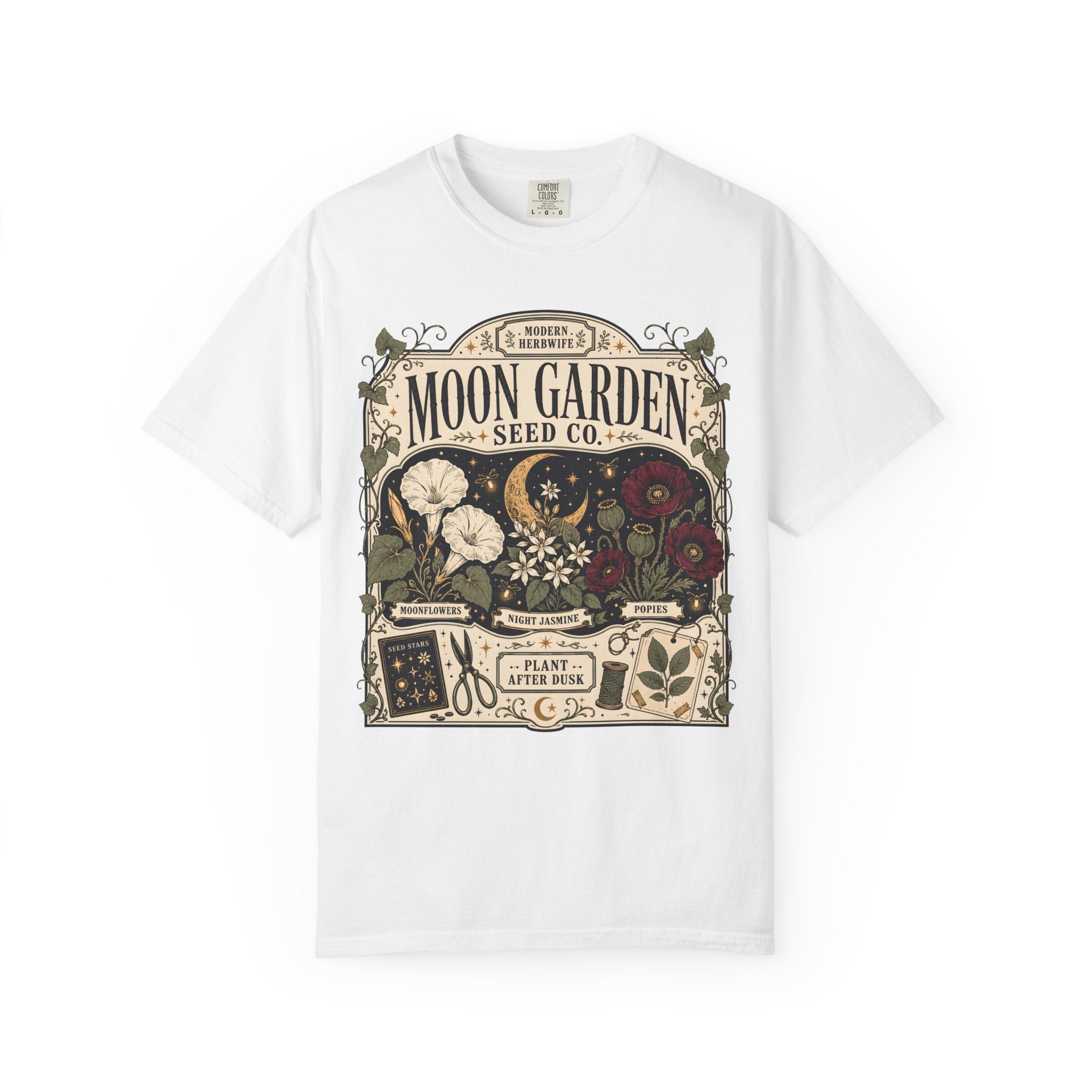 Moon Garden Seed Co T-Shirt - Vintage Botanical Modern Herbwife Shirt - Celestial Cottagecore Floral Tee