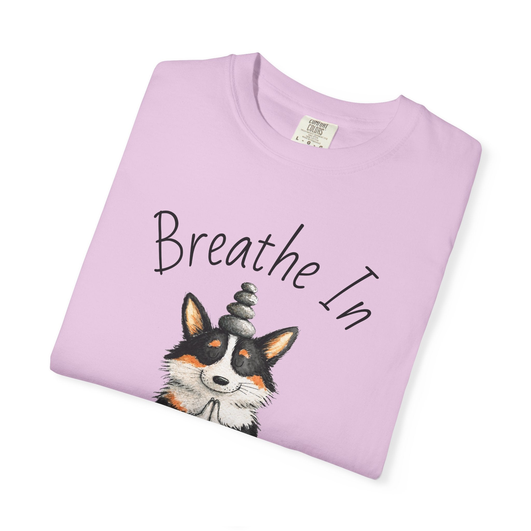 Meditating Corgi T-Shirt — "Breathe In, Breathe Out" Cute Yoga Dog Tee
