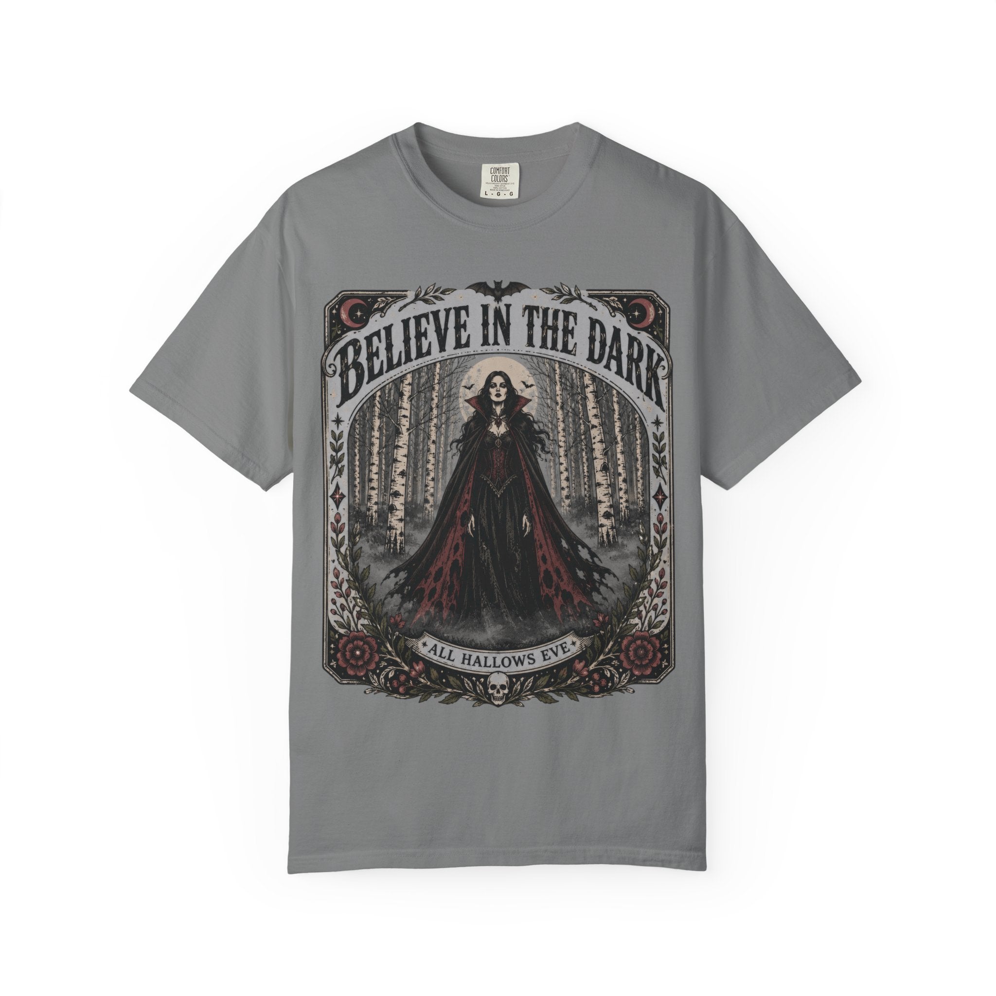 Believe in the Dark Gothic T-Shirt — All Hallows Eve Witch Design