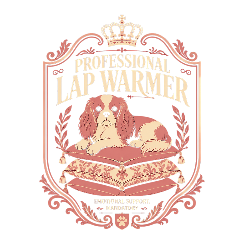 Cavalier King Charles Spaniel titled "Professional Lap Warmer, Emotional Support, Mandatory".