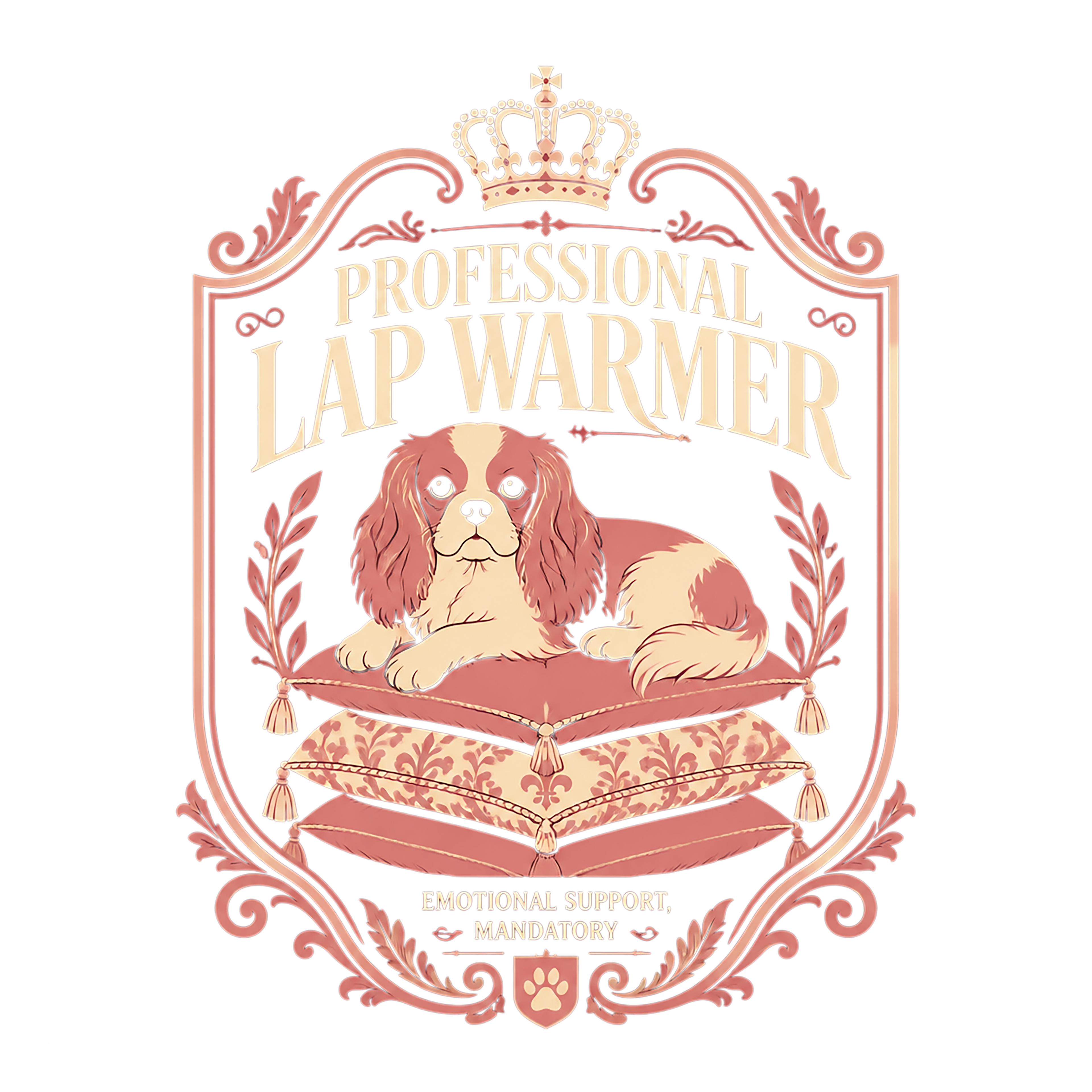 Cavalier King Charles Spaniel titled "Professional Lap Warmer, Emotional Support, Mandatory".