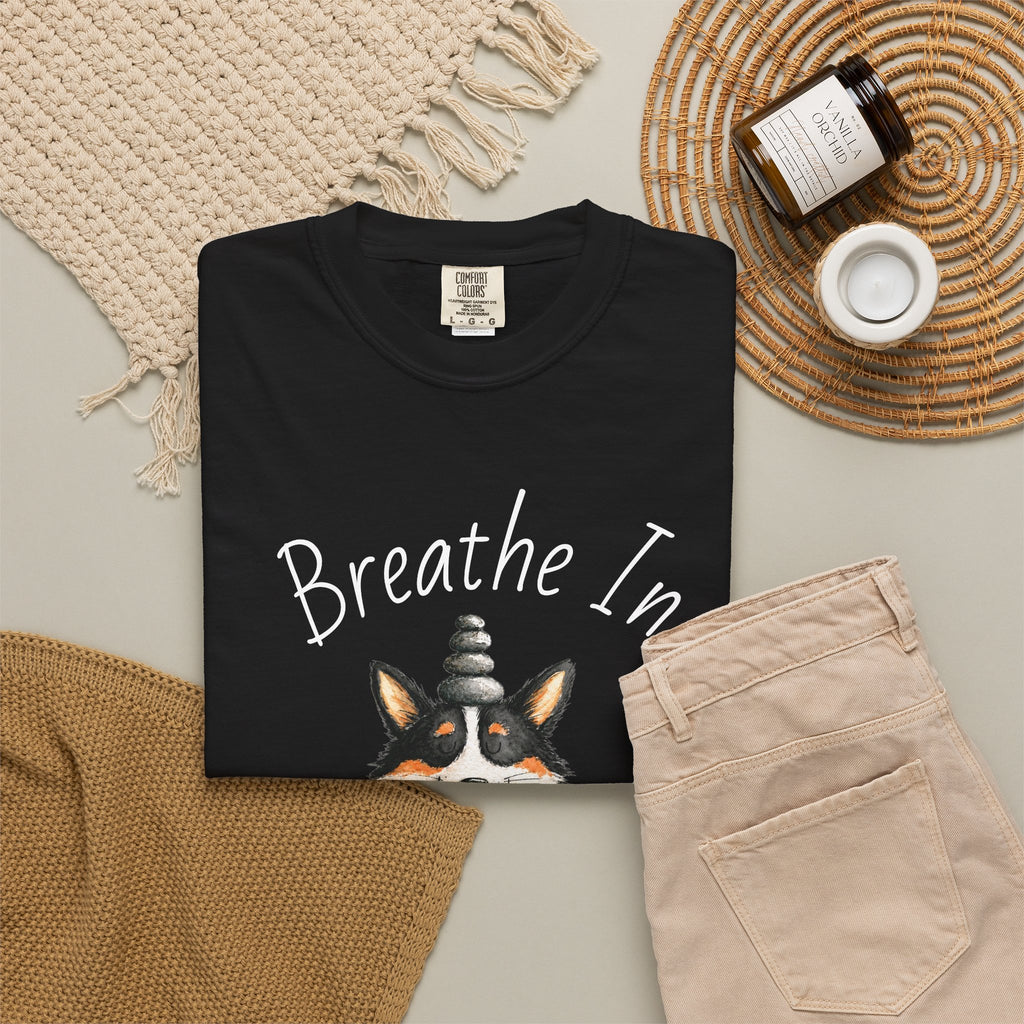 Meditating Corgi T-Shirt — "Breathe In, Breathe Out" Cute Yoga Dog Tee